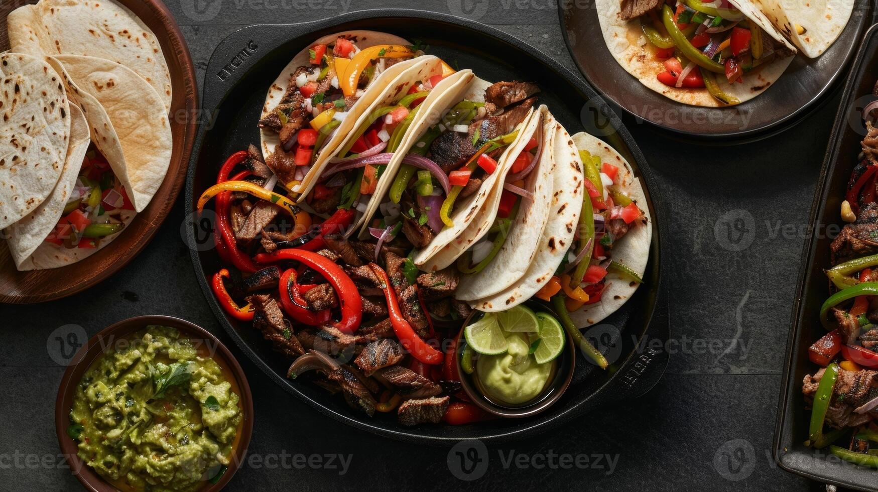 A platter of fajita mixins including charred peppers and onions served with warm tortillas photo