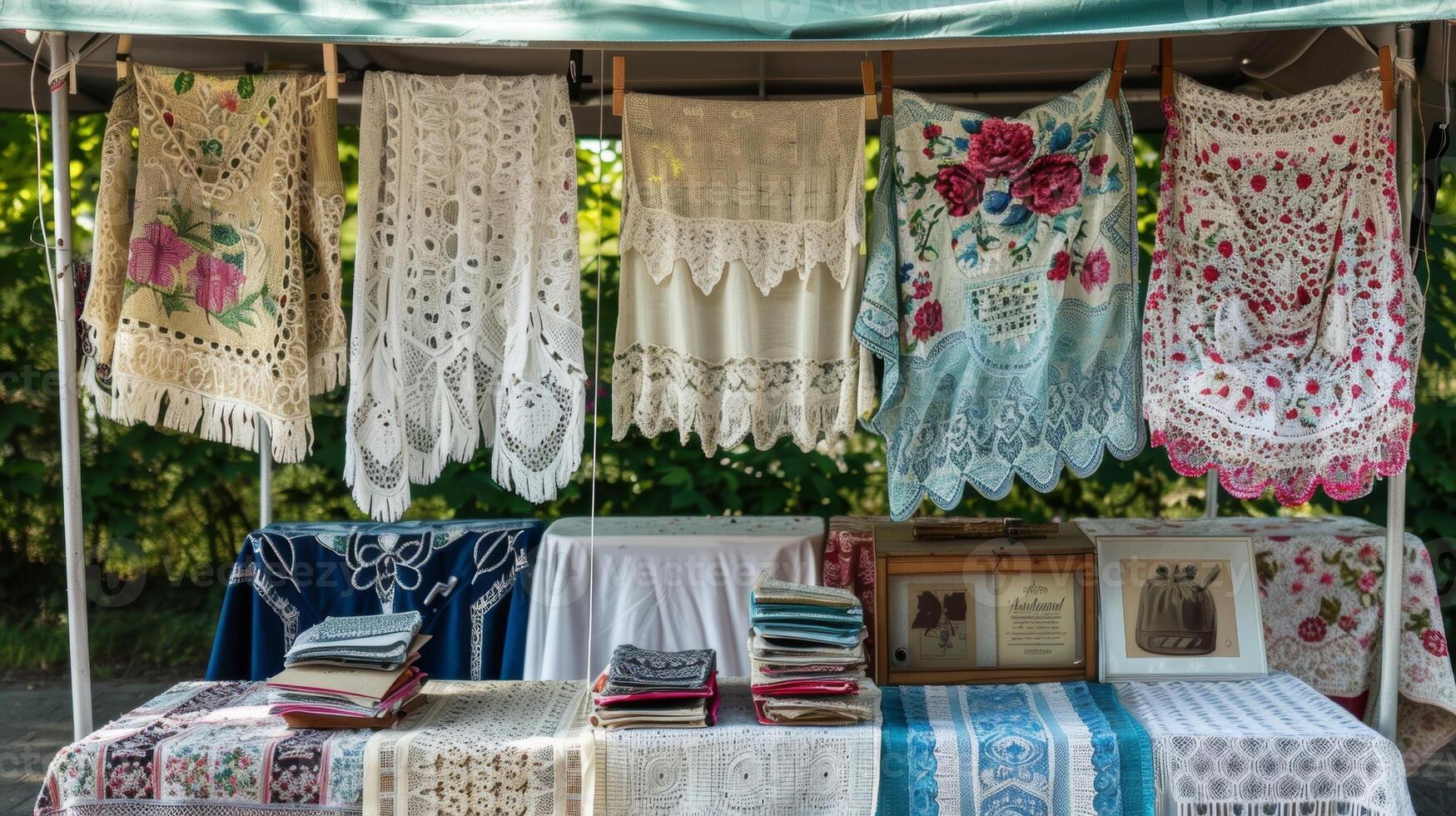 A nostalgic market stall offering treasures of a bygone era with its selection of lacetrimmed handkerchiefs and crochet tablecloths photo