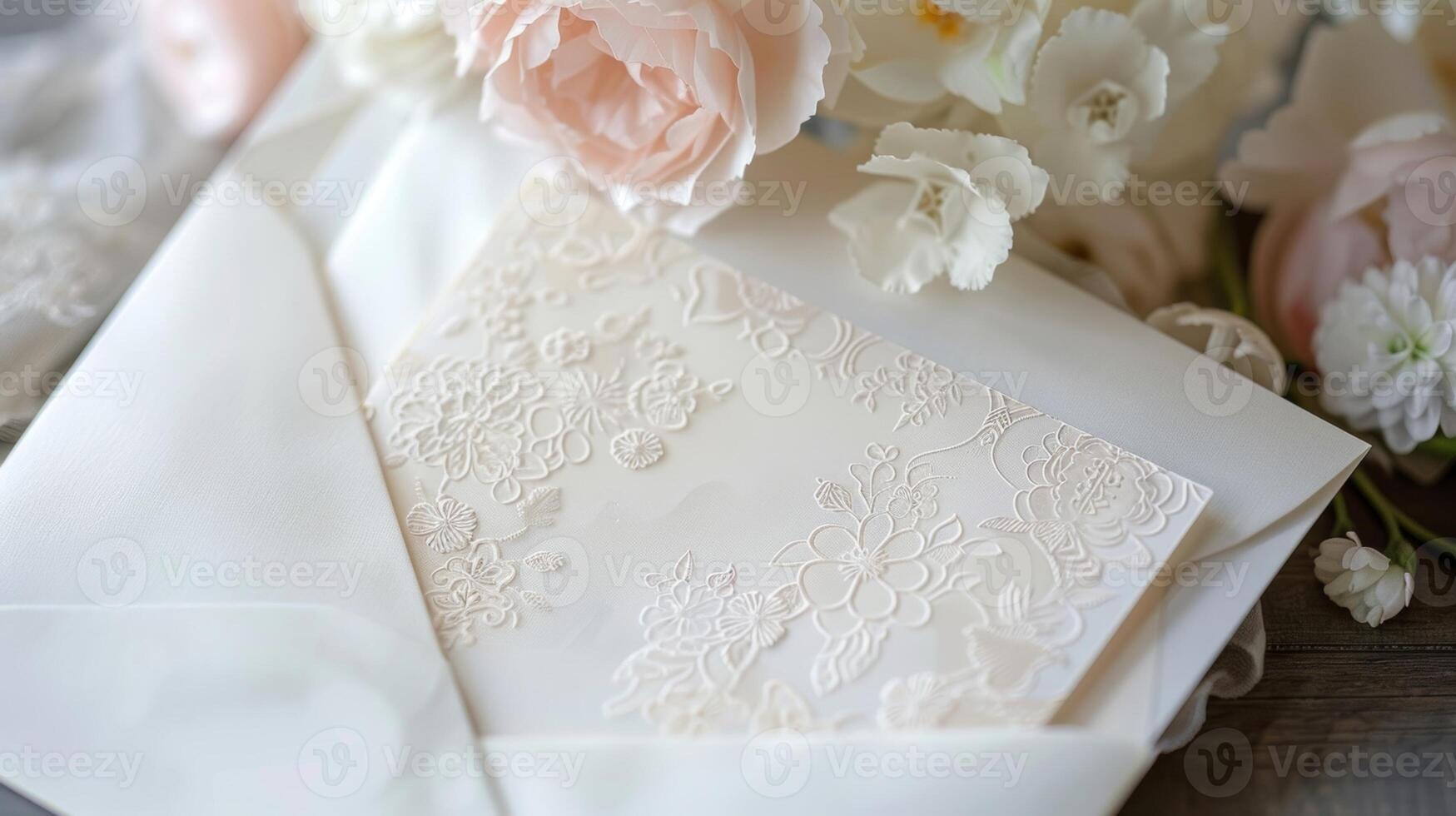 A vintageinspired wedding invitation suite with delicate lace embossing and soft pastel hues setting the tone for a nostalgic celebration photo