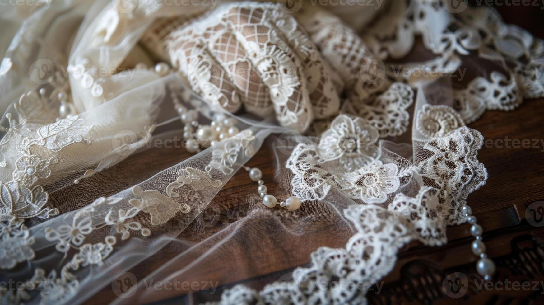 A beautiful arrangement of lace gloves on a vintage table runner accented with delicate lace doilies and small pearls exuding a sense of luxury and refinement photo