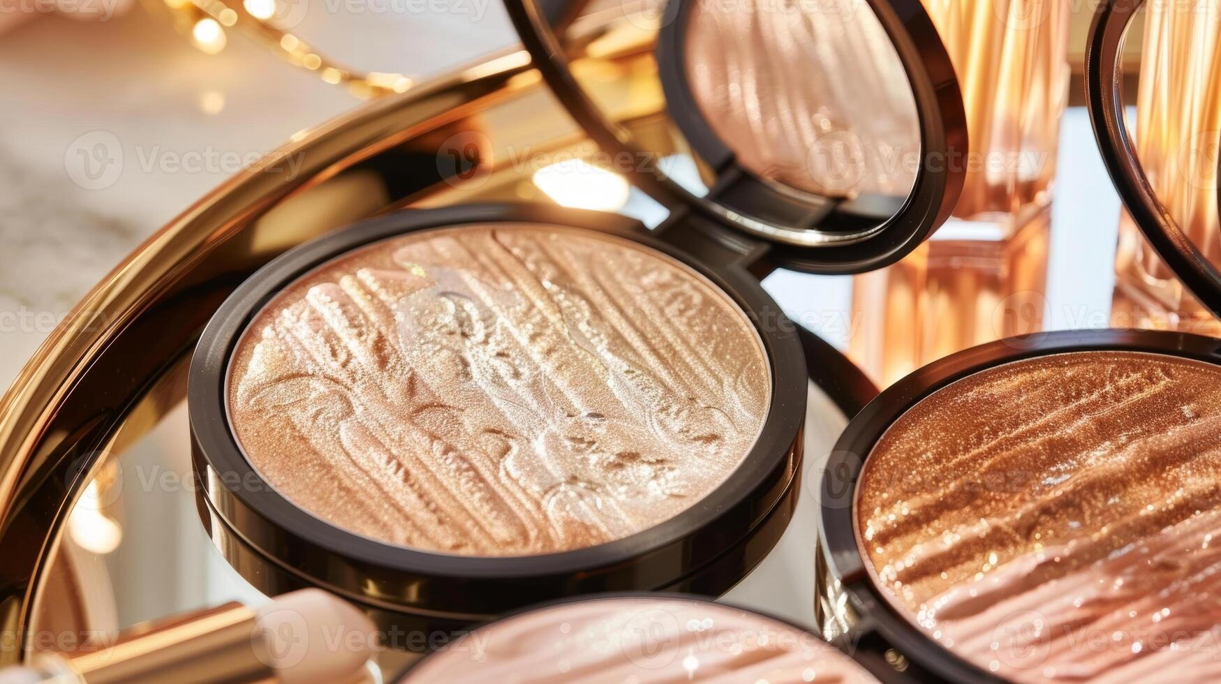A gold vanity tray displaying an array of soft shimmery highlighters and creamy lip glosses embodying the gl and playful nature of coquetteinspired makeup photo