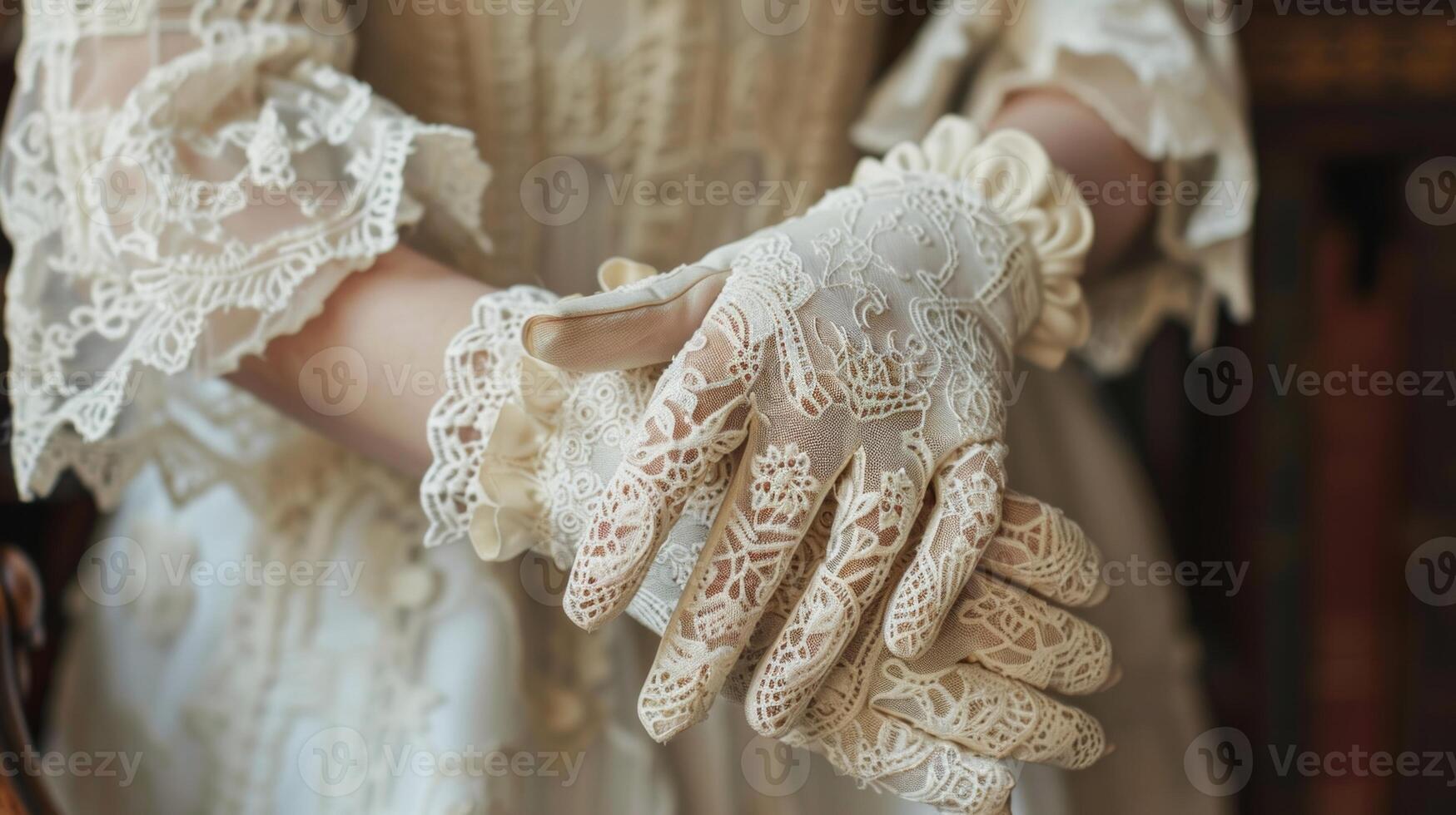 Closeup of a pair of lace gloves showcasing the intricate lacework and charming bow detail on the wrist evoking a sense of oldworld charm photo