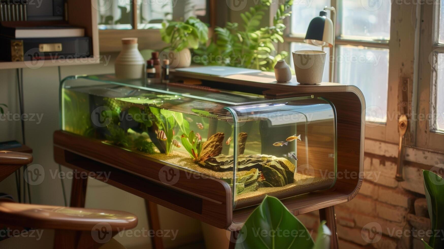 A compact desk with a small builtin aquarium perfect for adding some aquatic inspiration to a cozy work nook photo