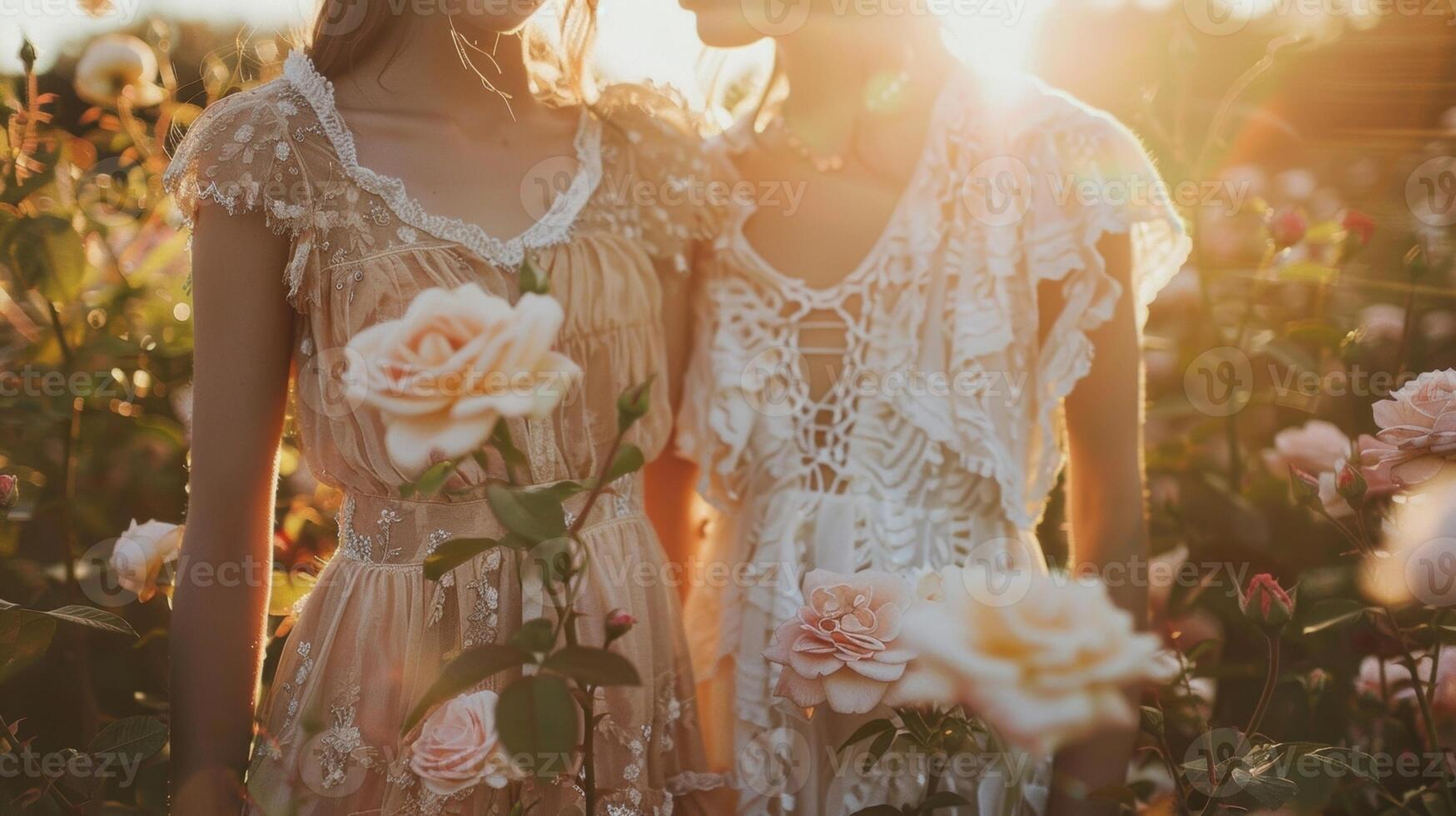 The setting sun casts a soft glow on the models wearing pastel vintage dresses in a garden full of blooming roses. Each dress features delicate lace detailing and ruffles giving of photo