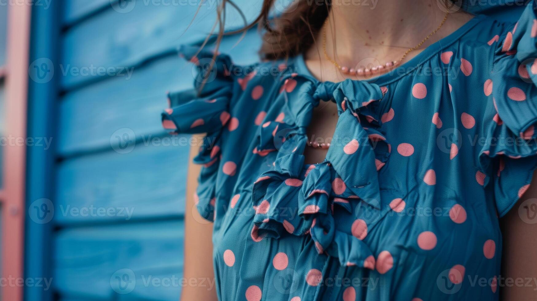 This vintageinspired dress exudes playful charm with its polka dot print and frill detailing perfect for a day spent strolling through a quaint town photo
