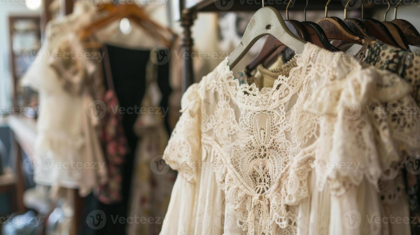 Glimpses of a vintage store display featuring a vintage lace dress hanging on a dainty hanger inviting customers to step back in time and indulge in the beauty of lace photo