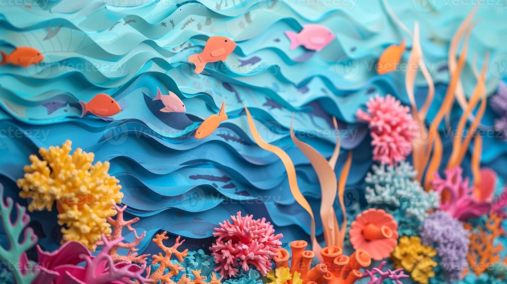 Experience the beauty and wonder of the ocean every day with this breathtaking undersea garden accent wall complete with vibrant coral swaying fish and a bright blue backdrop photo