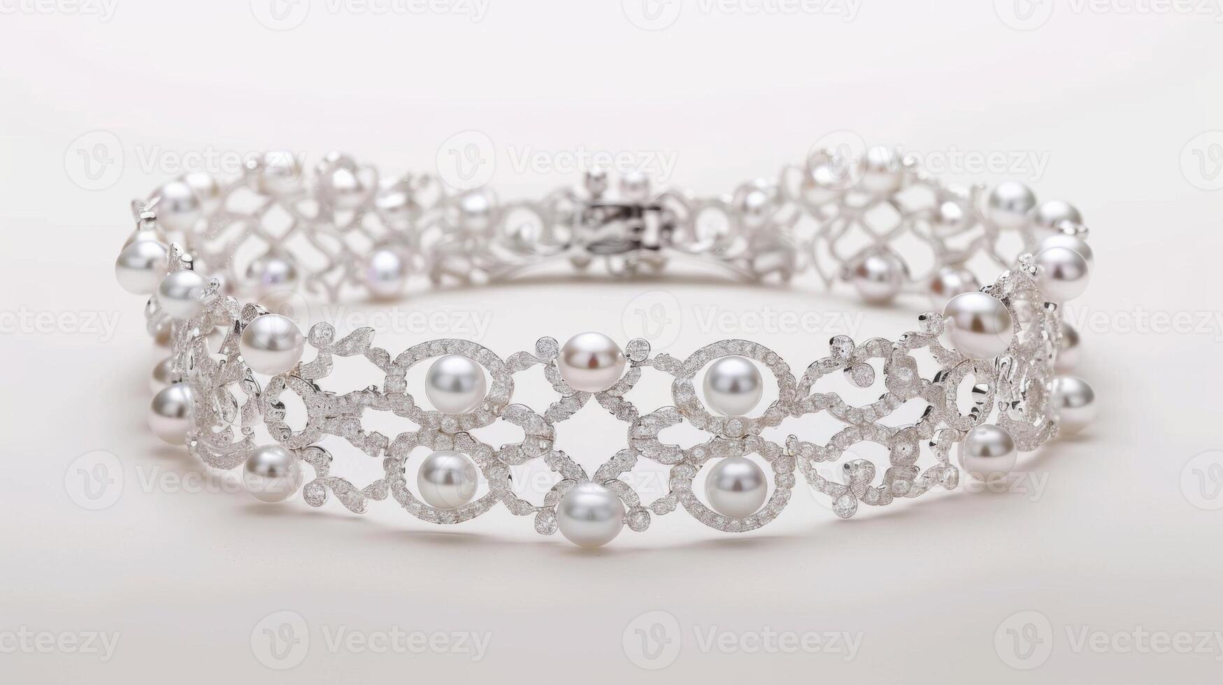An elegantly understated bracelet crafted with delicate lace patterns and adorned with rows of glistening pearls in a soft dreamy setting photo
