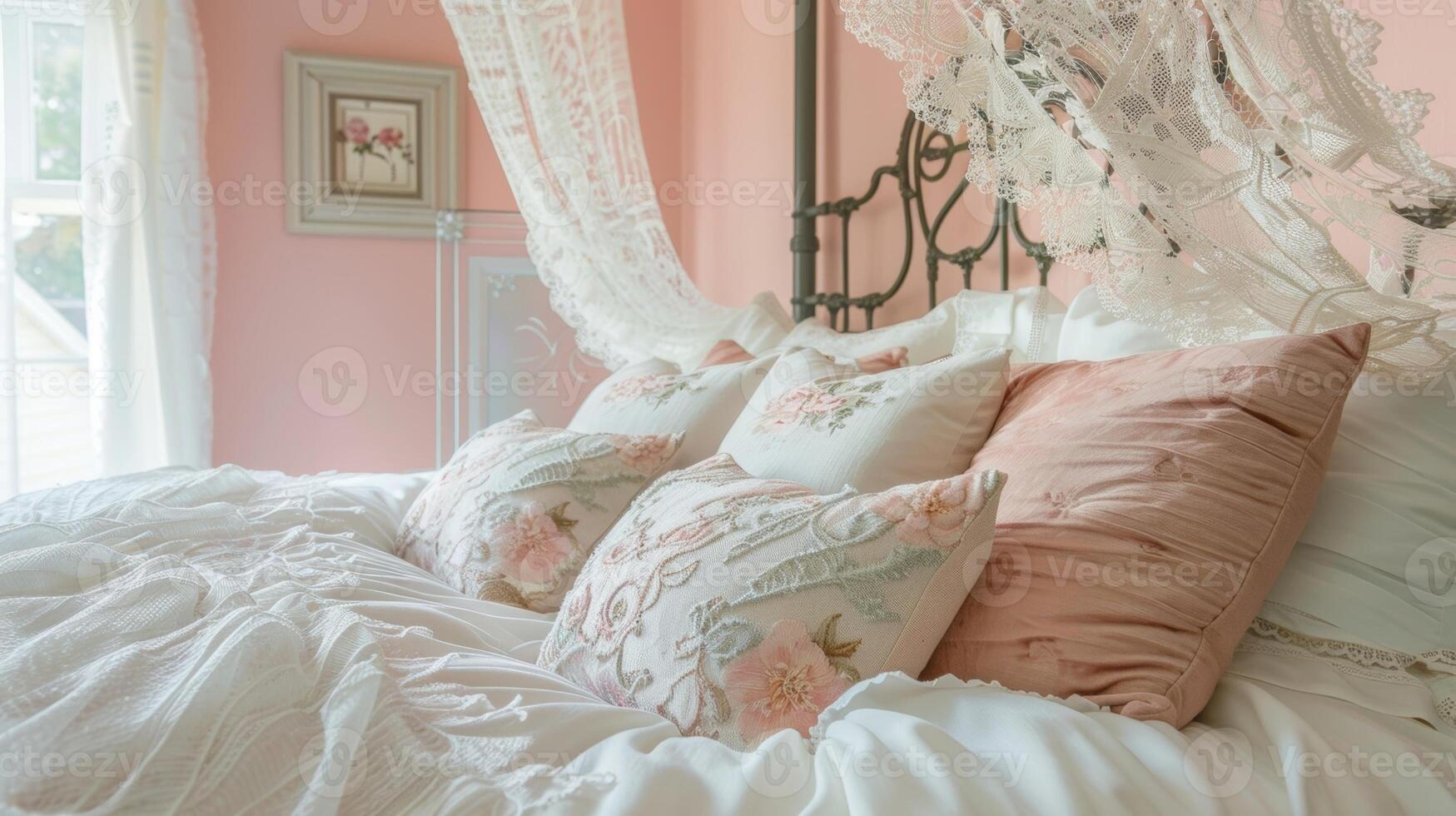 A touch of whimsy and femininity fills this with its pastel pink walls a delicate lace canopy over the bed and an array of roseprinted throw pillows tered on top photo