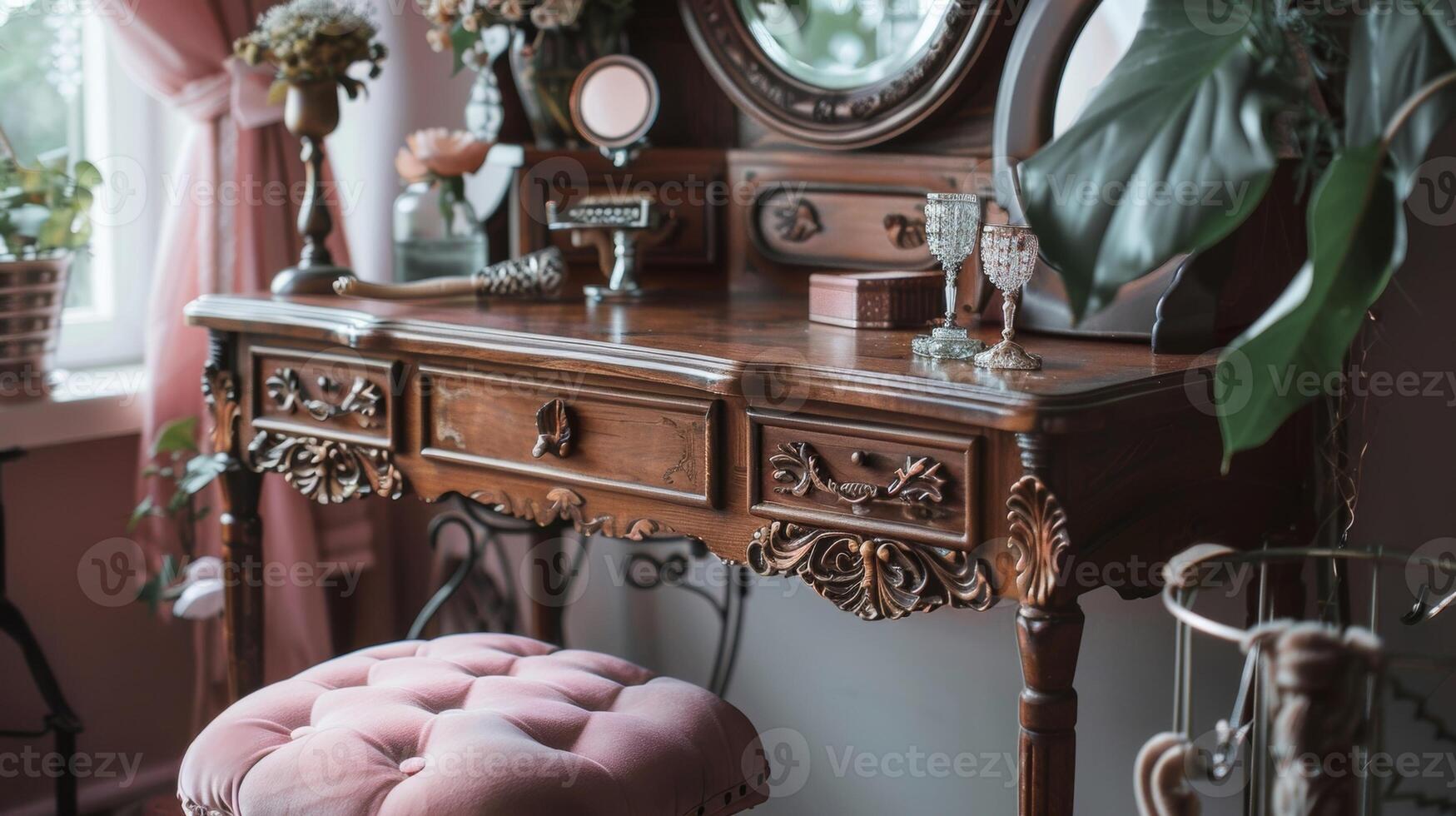 An enchanting vanity table its wooden frame adorned with intricate scrollwork and a dusty pink cushioned stool. Vintage hand mirrors and a silver brush add a touch of luxury to th photo