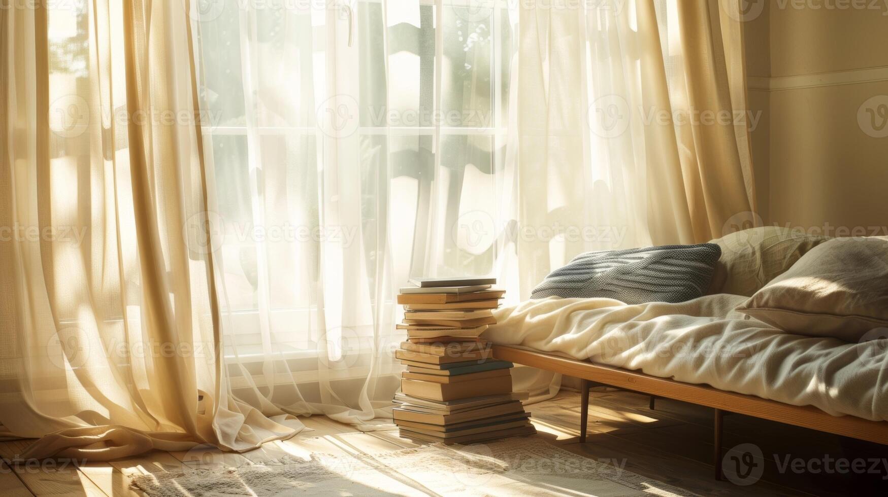 An inviting reading nook illuminated by warm sunrays filtering in through curtains beckons with a plush daybed and a side table stacked with toberead books photo