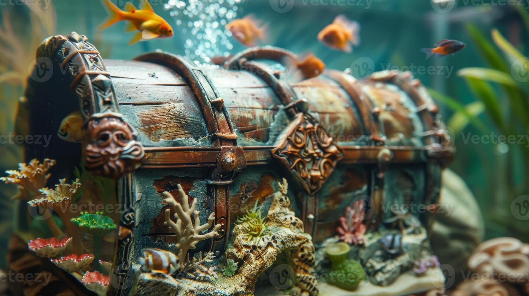An imaginative fish tank shaped like a treasure chest with a lid that opens to reveal a hidden underwater world photo