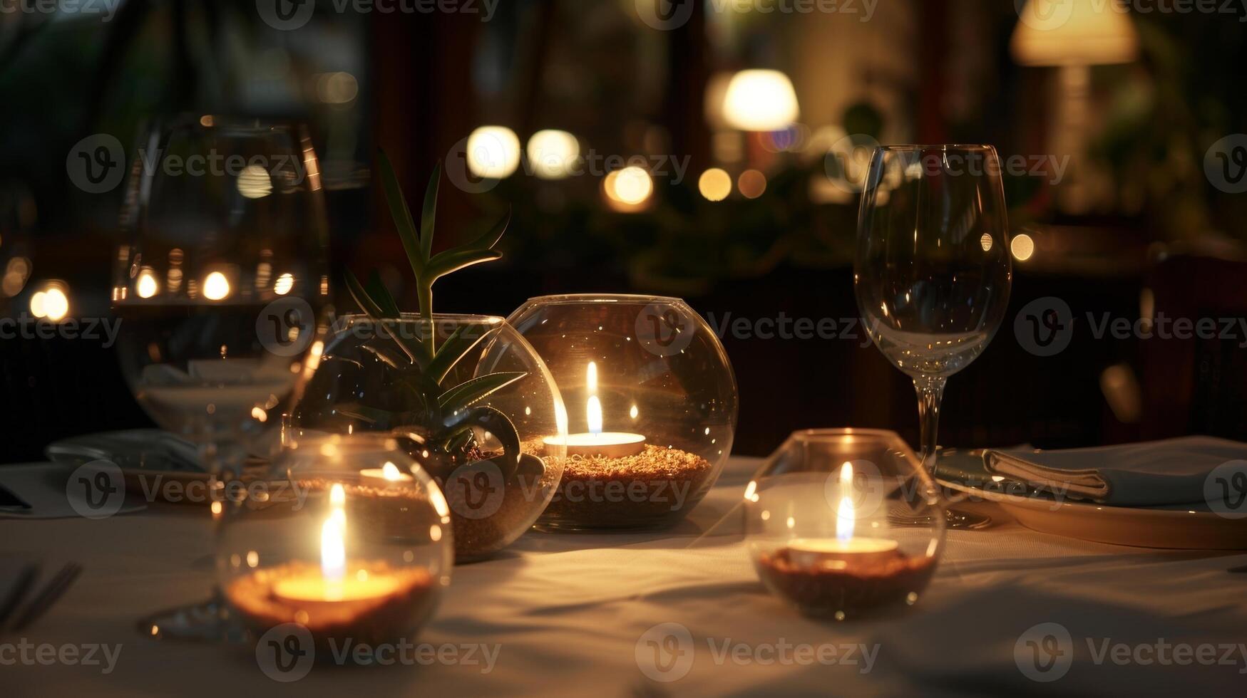 A romantic atmosphere created by dim lighting and s of small terrariums holding flickering tea light candles adding a warm glow to the dining room photo