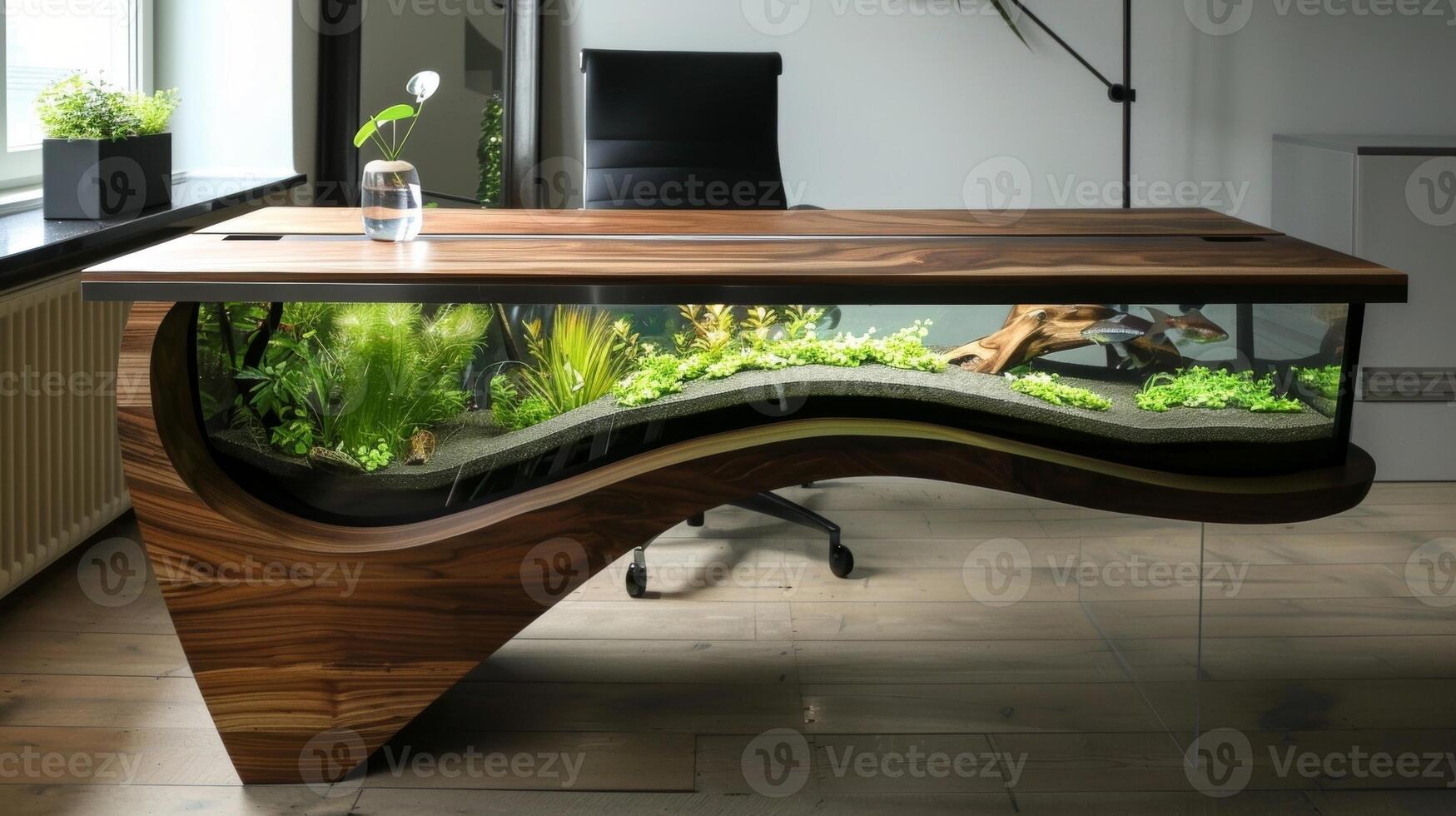 A minimalist desk with a surprise element a planted fish tank perched on its side providing a calming and natural touch to the workspace photo