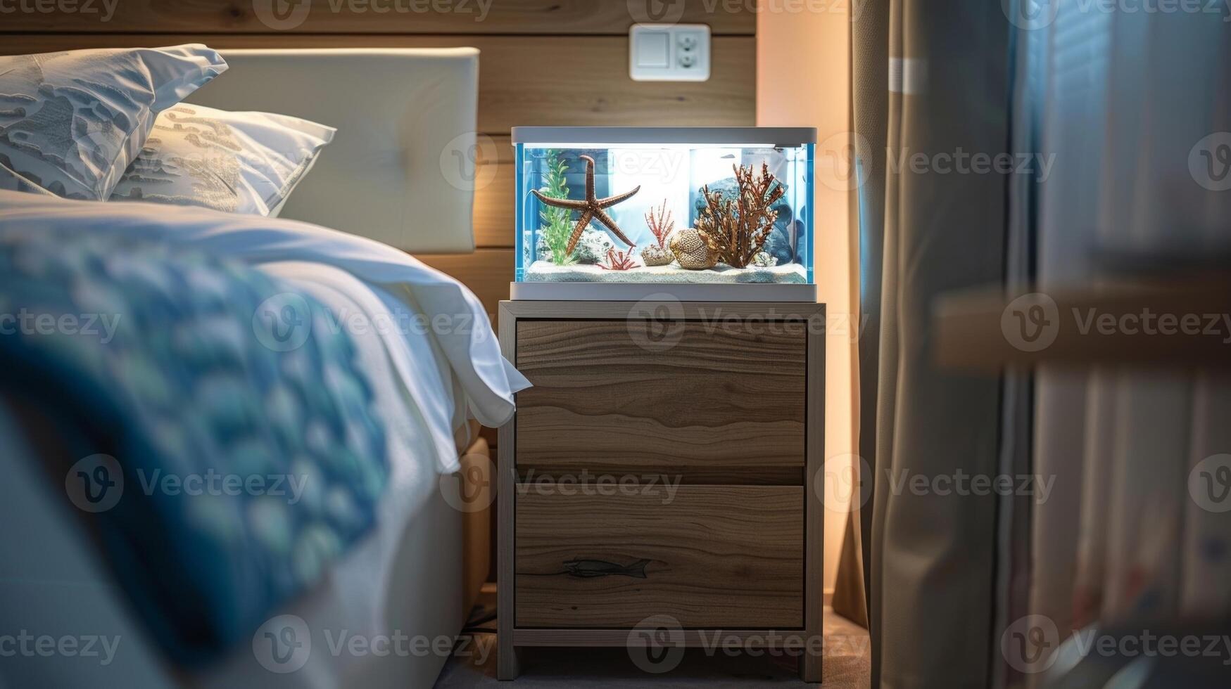 For those who love the peacefulness of the ocean this bedside table is a musthave featuring a builtin aquarium that can be filled with calming sea creatures photo