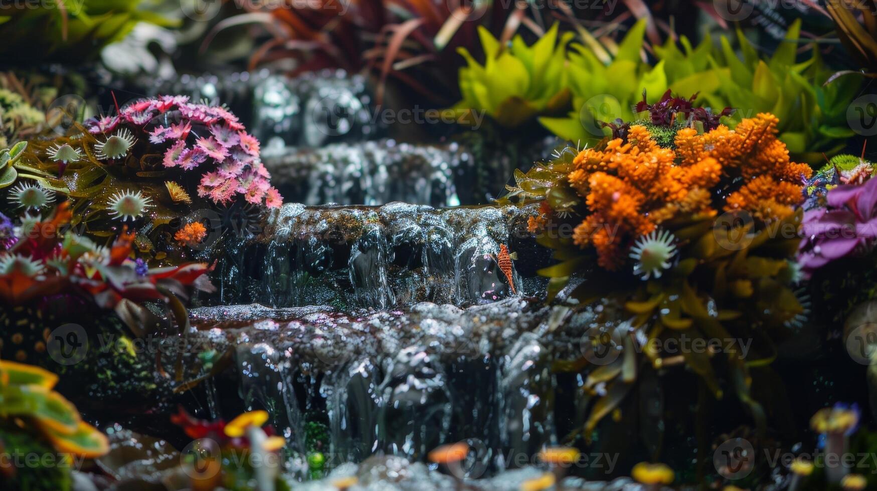 A cascading waterfall made entirely of living seaweed and filled with colorful seahorses crabs and sea urchins photo