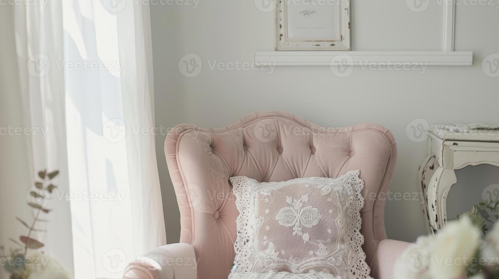 A feminine bedroom featuring a soft pink velvet armchair adorned with a lace throw pillow. A framed lace doily adds an elegant touch of nostalgia to the white walls photo