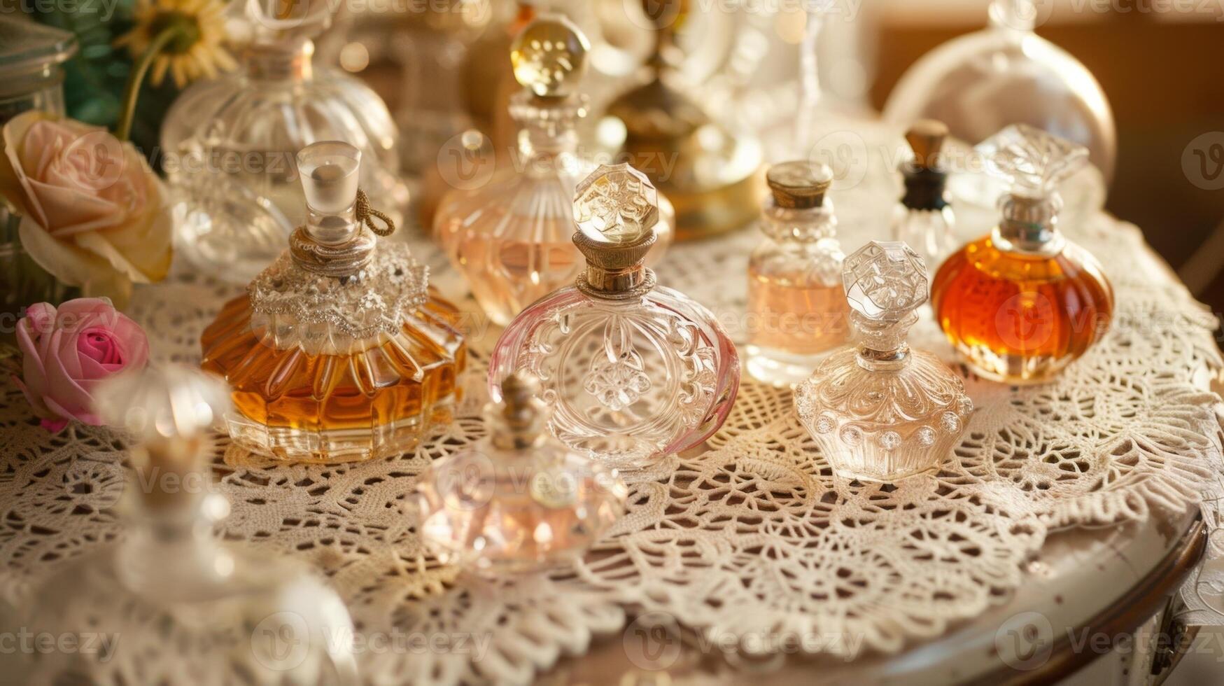 A luxurious assortment of delicate vintage perfume bottles arranged on a beautiful lace doily exuding a sense of sophistication and oldworld charm photo