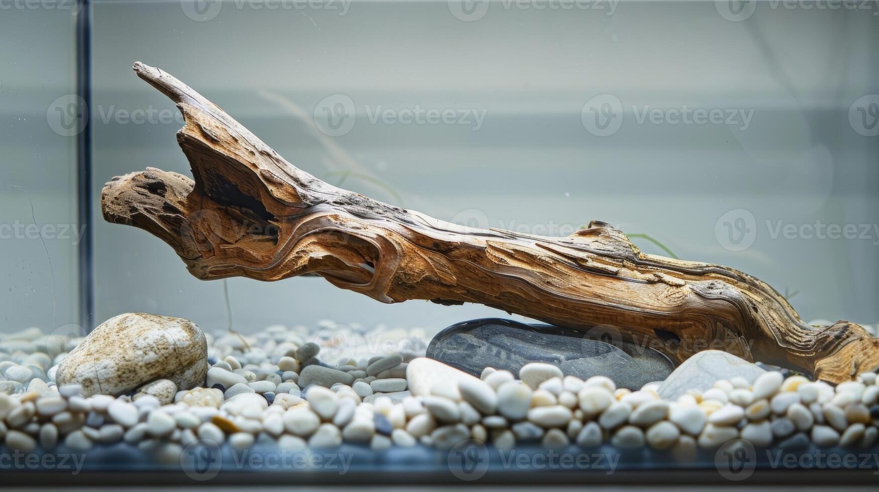 A fish tank with a minimalist aesthetic accented with smooth pebbles and a solitary piece of driftwood for added texture and interest photo