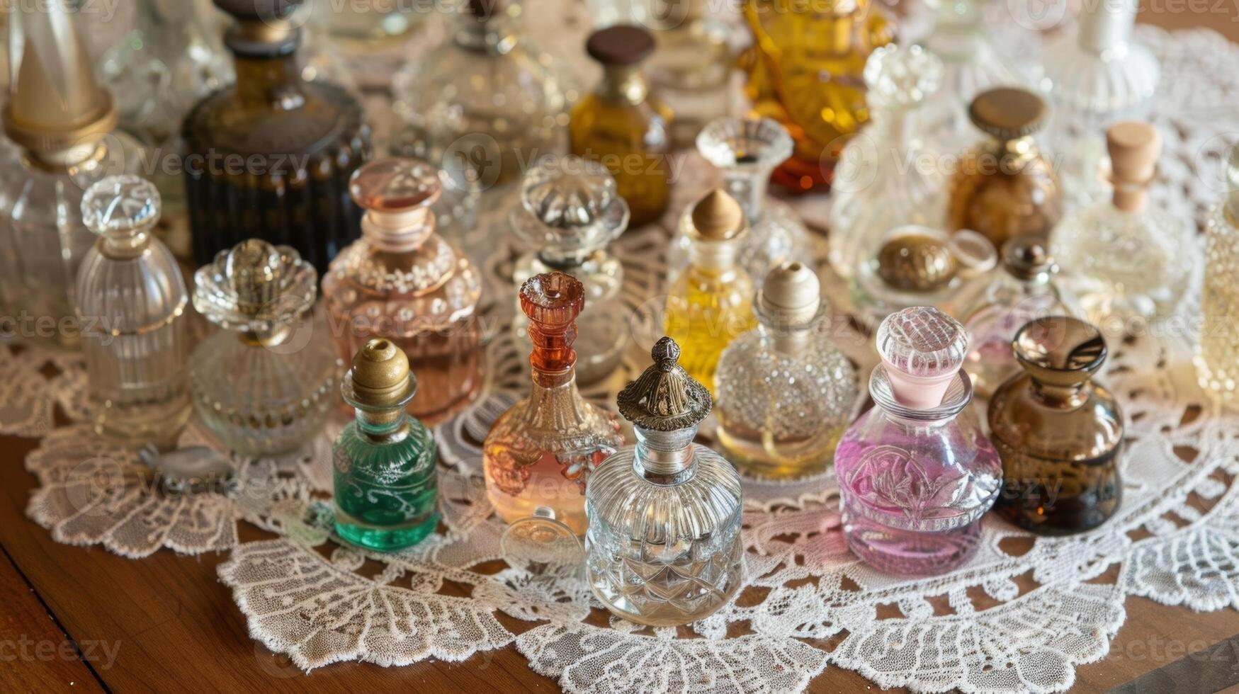 A feast for the eyes with an array of antique perfume bottles each with its own intricate design displayed on a dainty lace doily photo