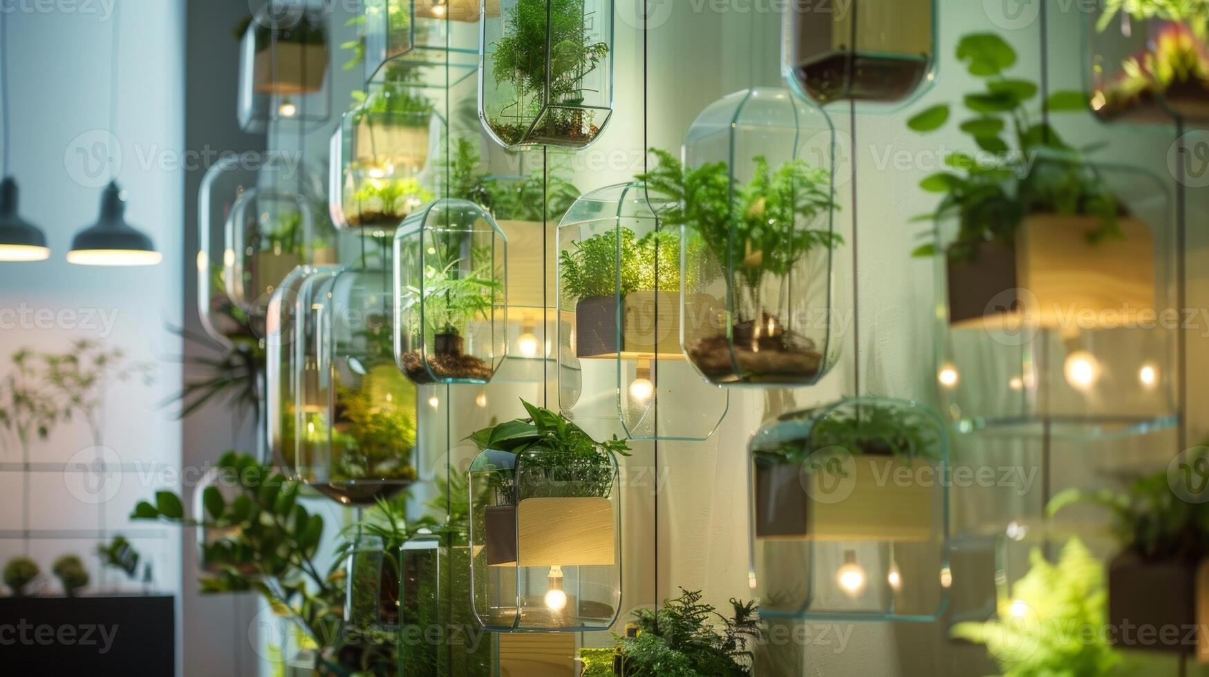 A unique and unconventional dining room with a terrarium wall art installation of various shapes and sizes bringing a touch of nature indoors photo