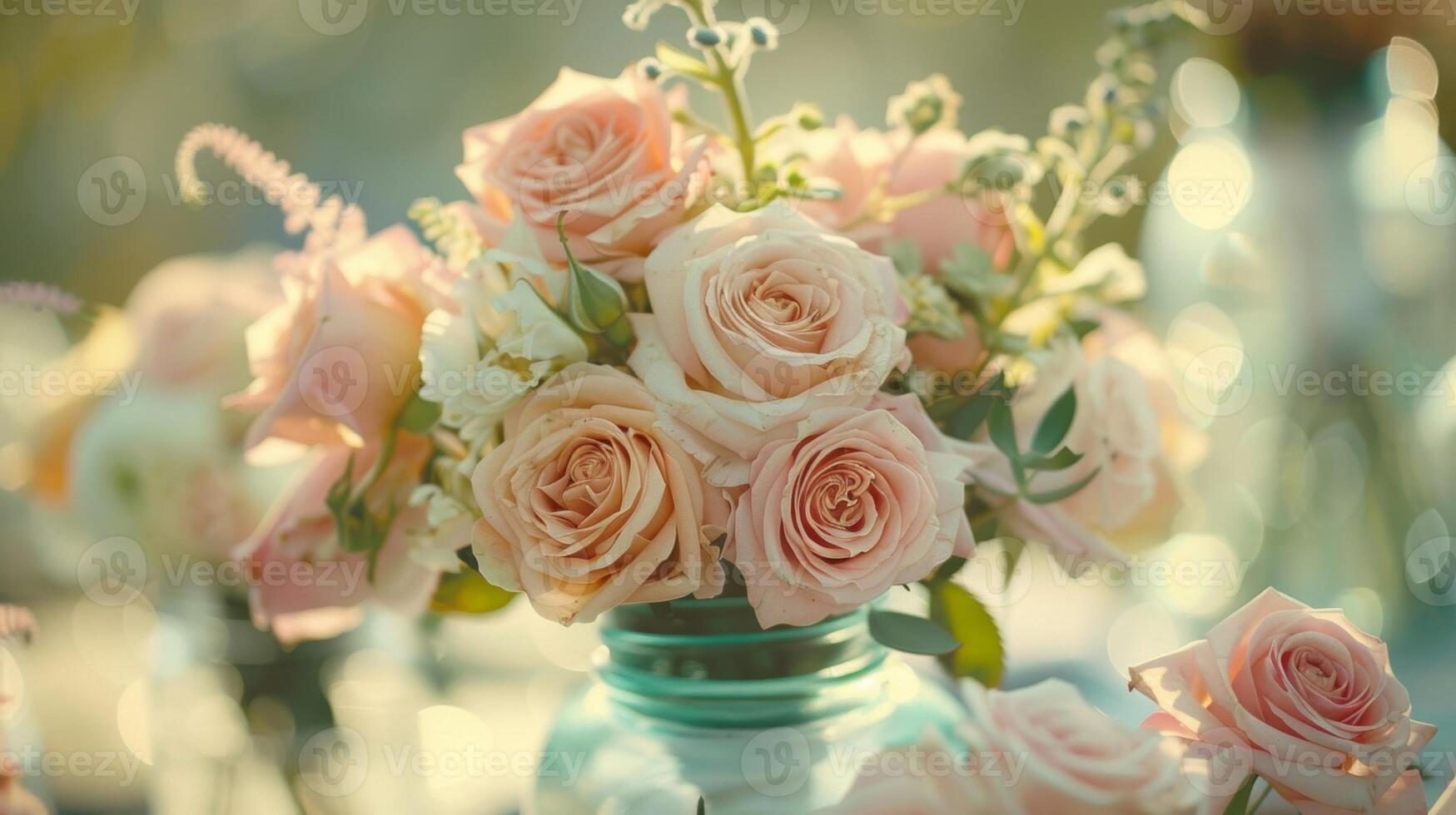 A charming wedding centerpiece featuring a of soft pink roses accented with wispy greenery and p in a vintageinspired mason jar photo