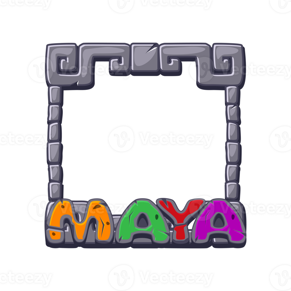 Maya Stone frame with stone text MAYA, Aztec carton game frame. Maya tribal symbols. Ancient granite frame design element. APP frame for your icons. png