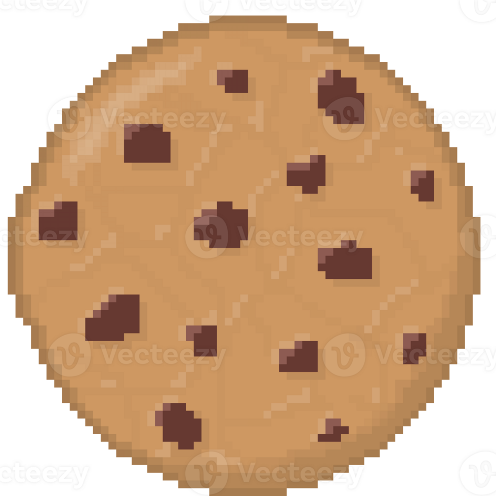 A retro-styled pixel-art illustration of a chocolate chip cookie. png
