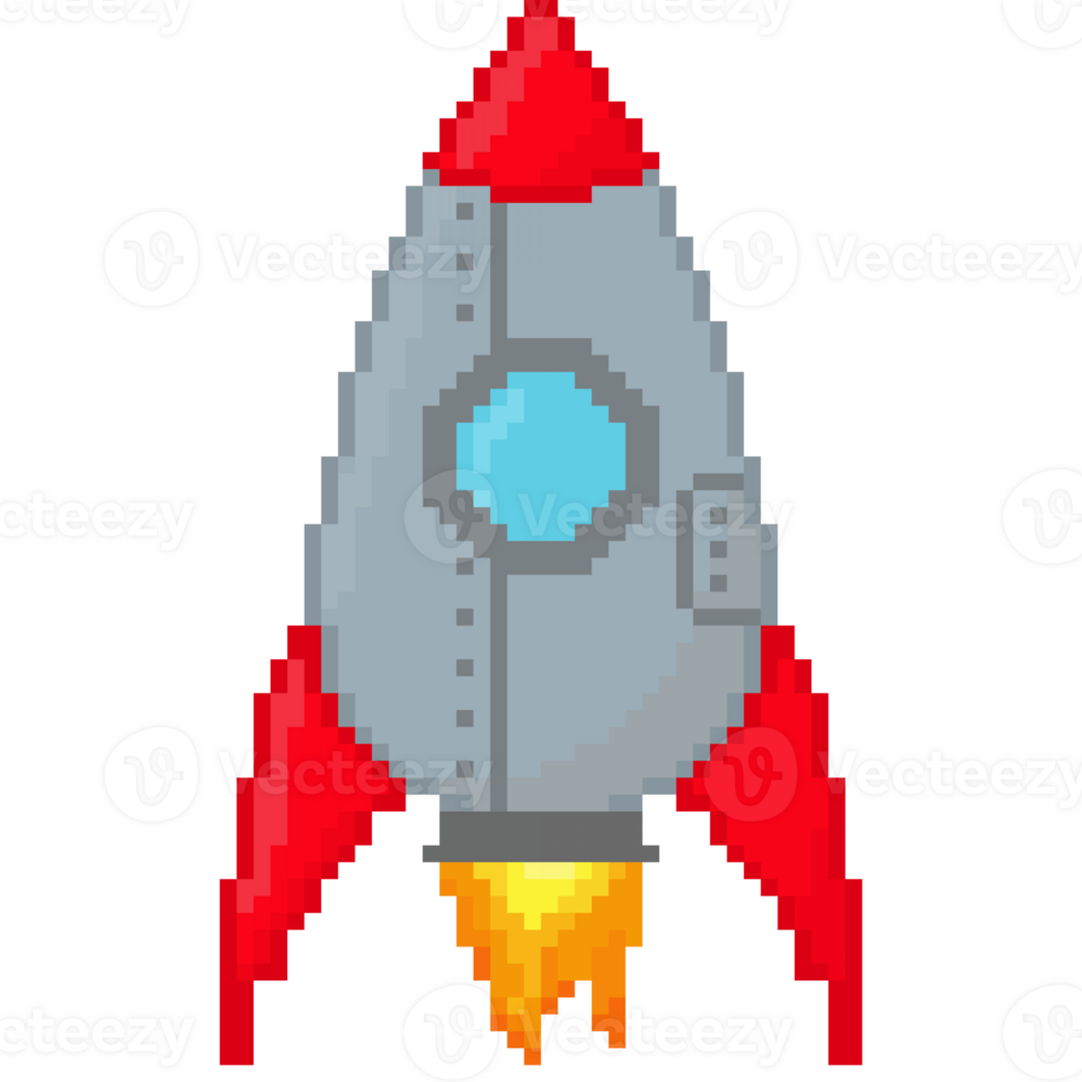 A retro-styled pixel-art illustration of a rocketship with red fins. png