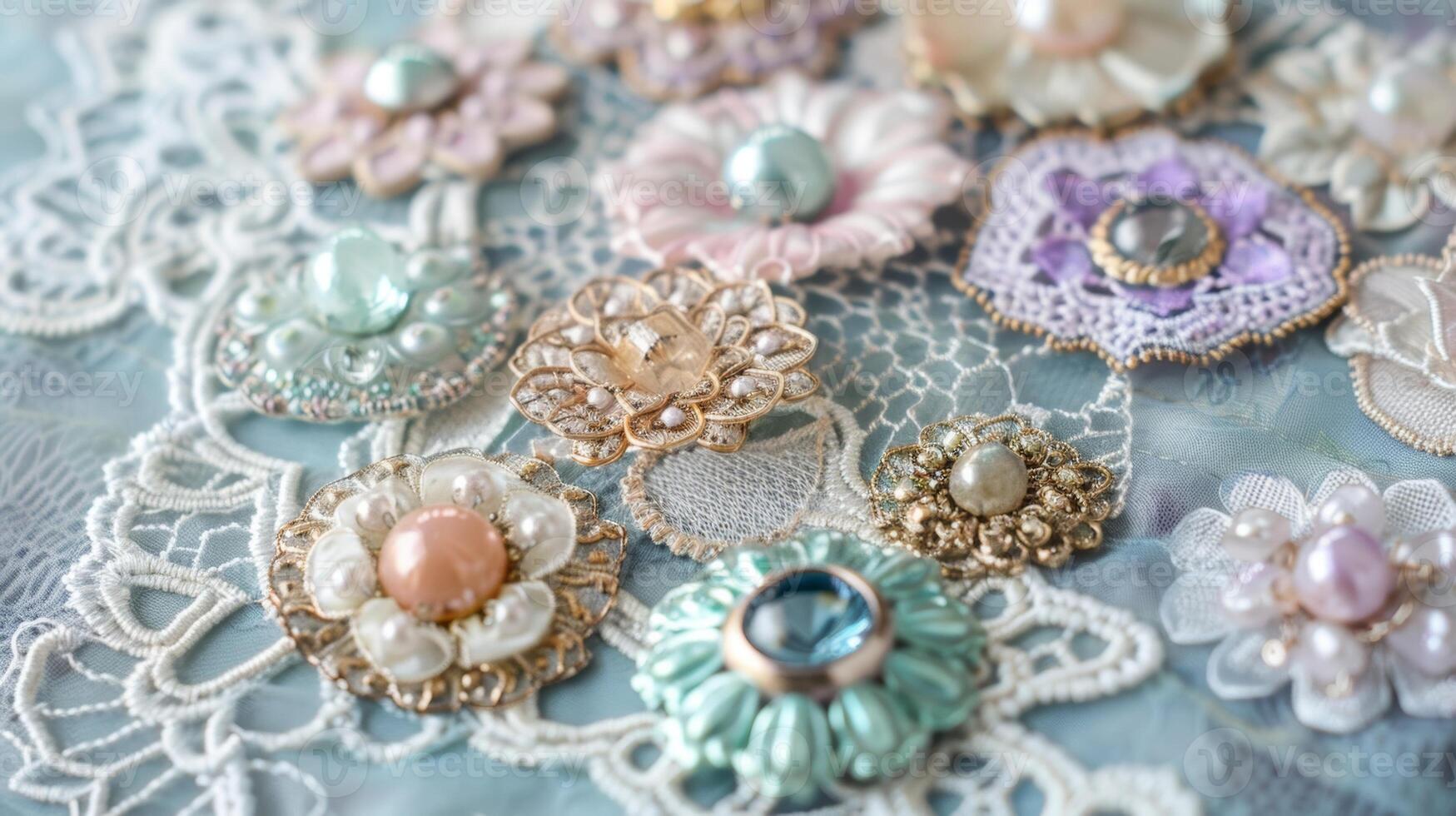 A set of vintage pastel brooches displayed on a lace doily adding a touch of nostalgia to any outfit photo