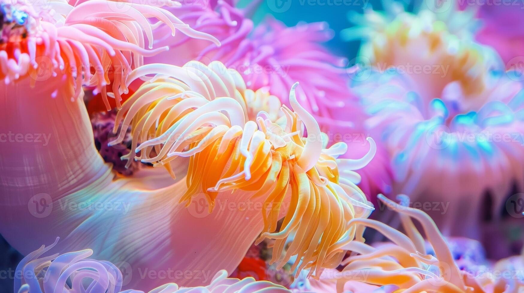 An explosion of color in an otherwise monochromatic aquarium created by the strategic placement of bright coral and waving sea anemones photo