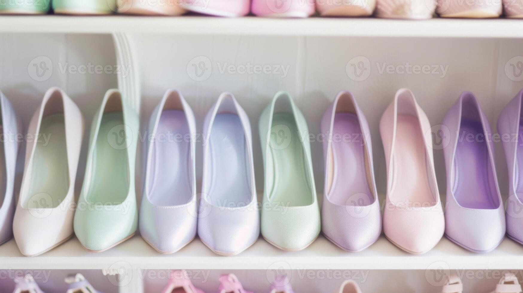 A shelf lined with pastel pumps and flats varying in shades from mint green to lavender perfect for any springtime occasion photo