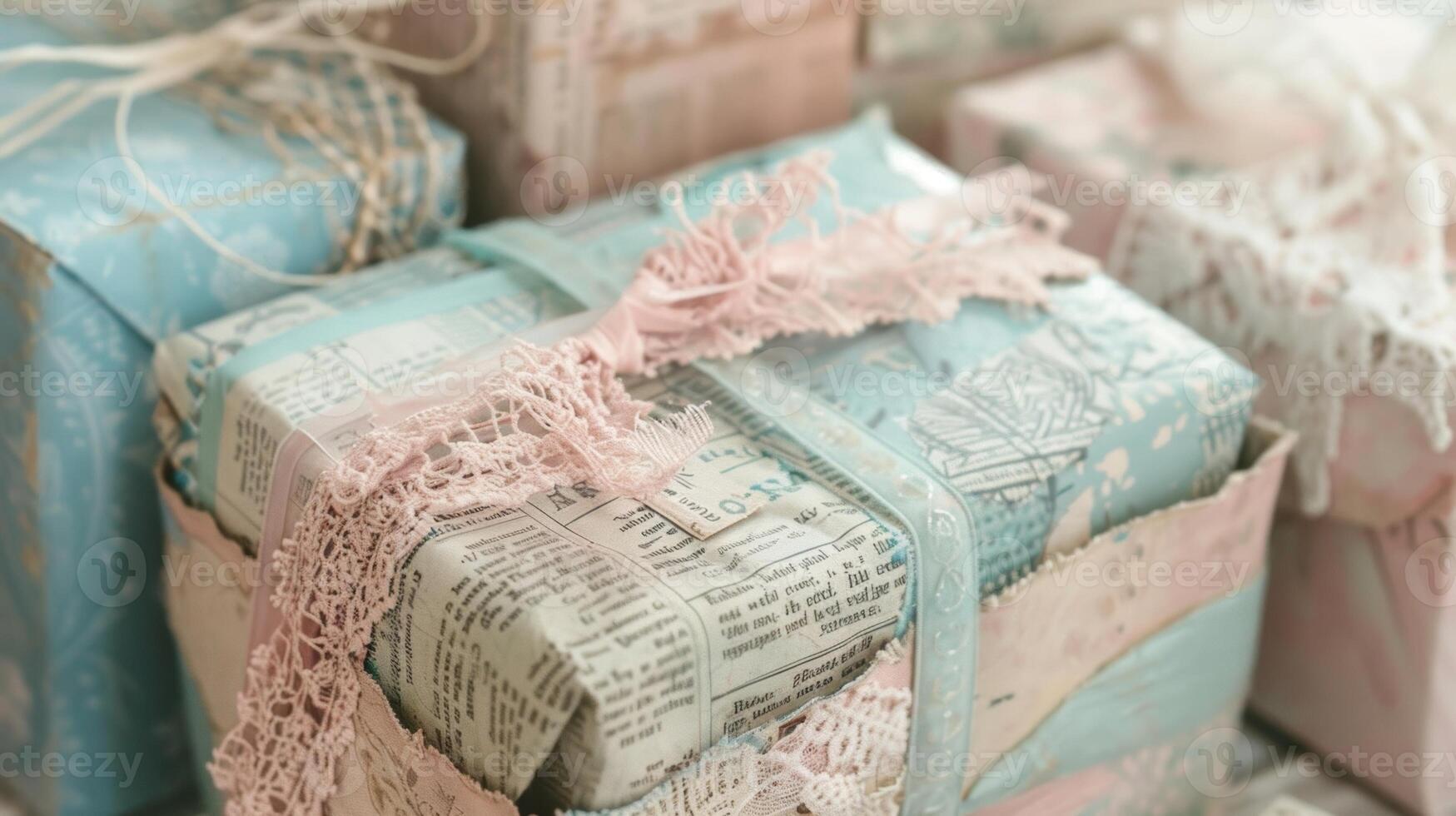 A lovely mix of textures and patterns with gifts wrapped in a combination of vintageinspired newspaper print and lace ribbons in shades of pastel blue and pink photo
