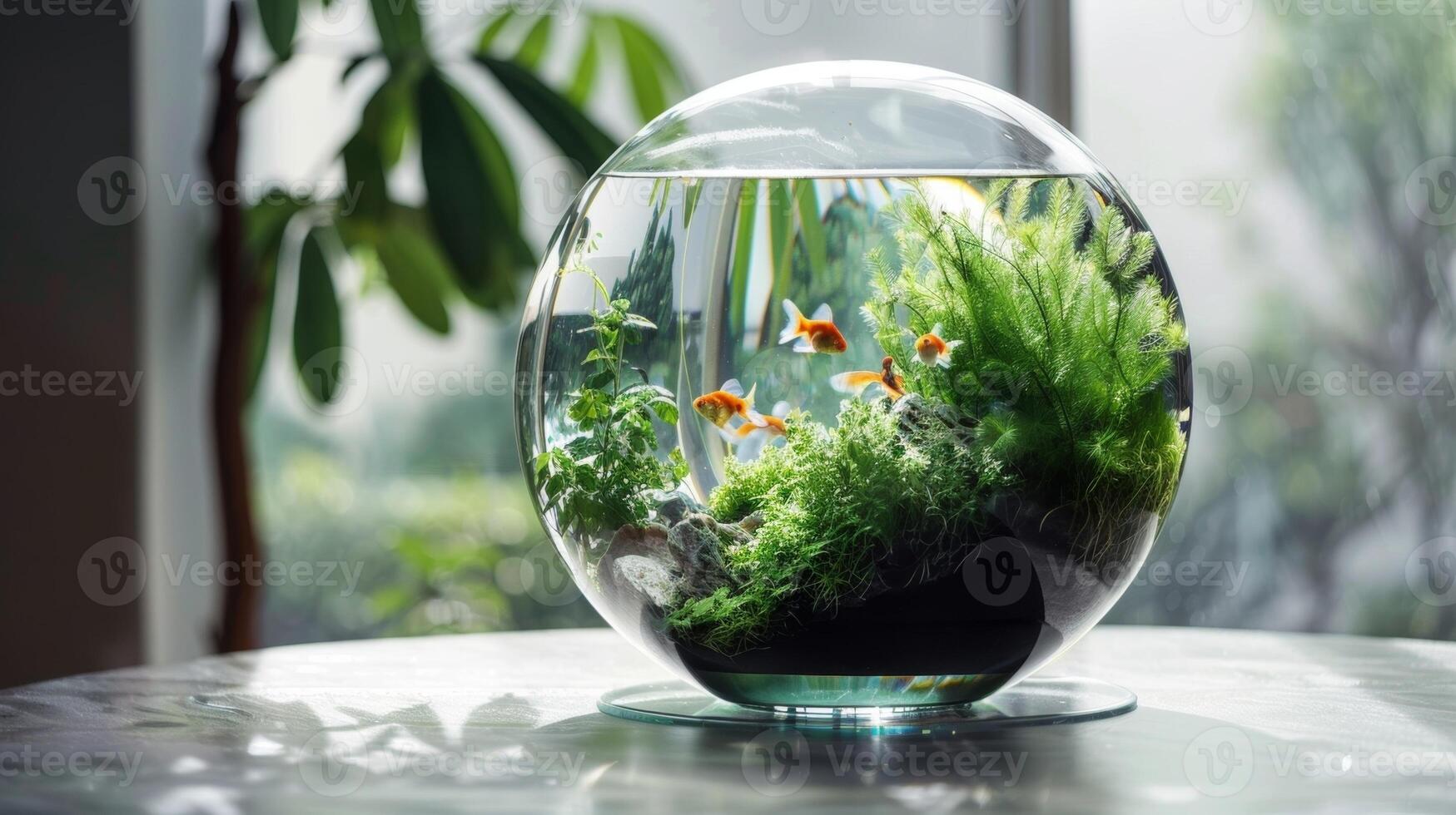 A delicate balance of greenery and sea creatures in a clear spherical container this terrarium and aquarium combo is a peaceful addition to any living space photo