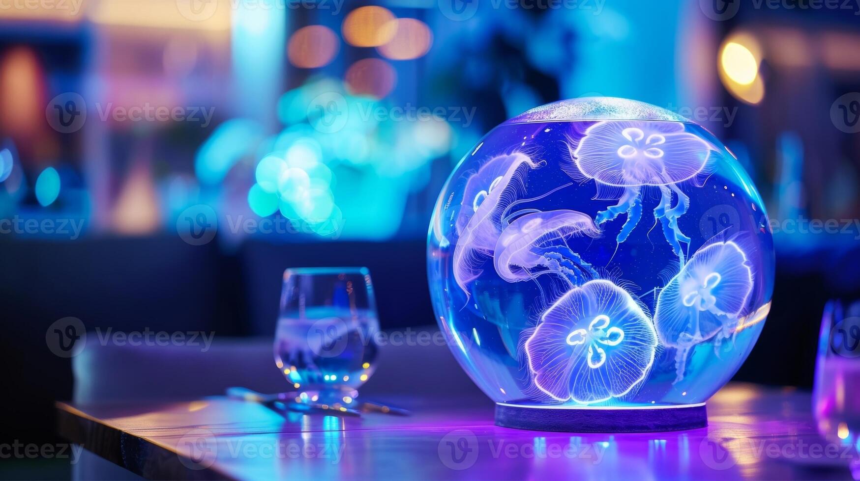 A tasteful and luxurious dining table centerpiece showcasing a stunning spherical aquarium filled with mesmerizing moon jellyfish illuminated by LED lights in shades of blue and purple photo
