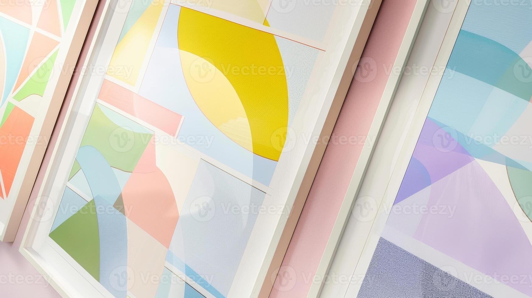 A set of four abstract geometric prints in pastel hues of lavender butter yellow pale green and baby blue perfect for an eclectic accent wall photo