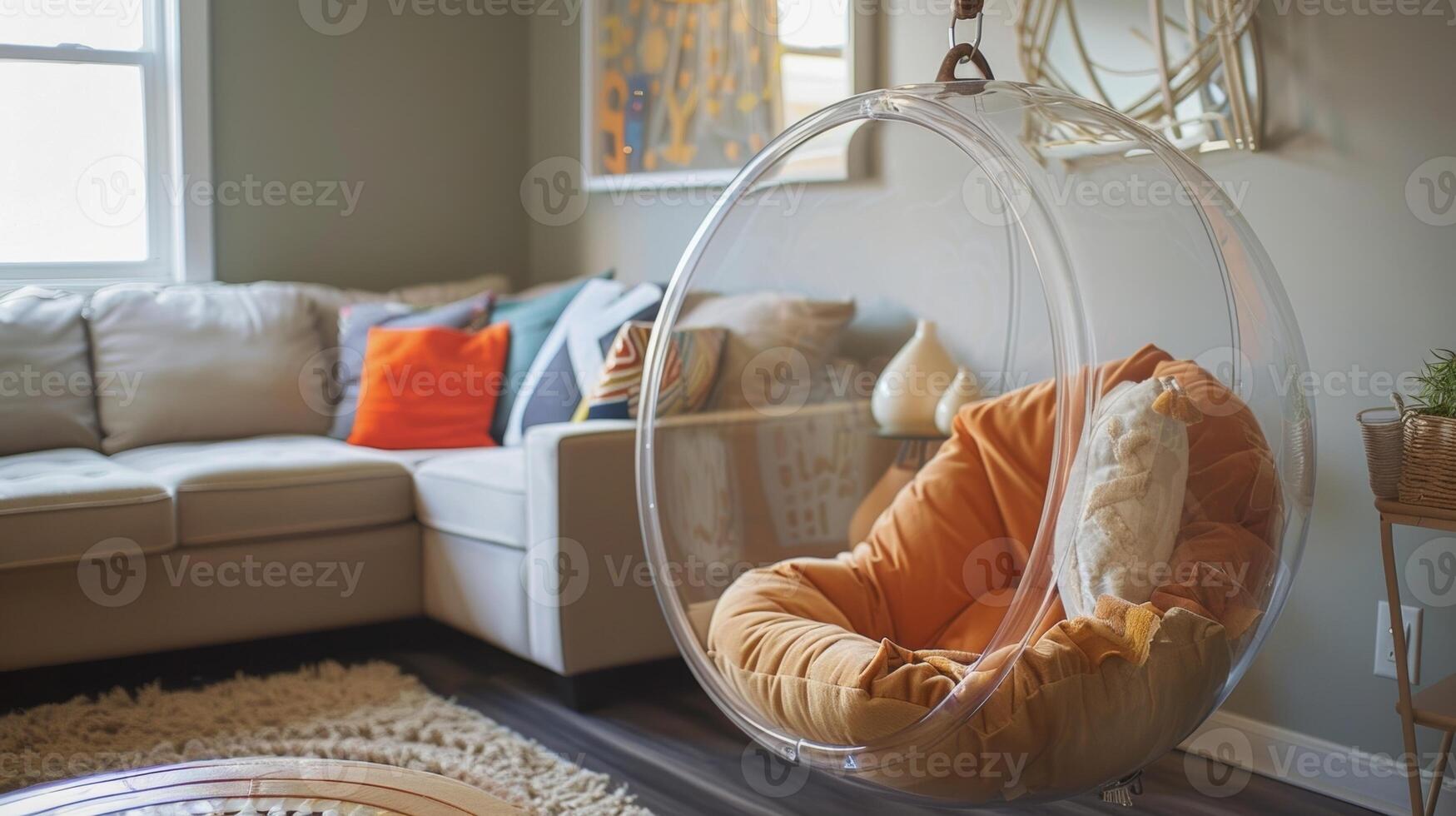 A bubble chair hangs from the ceiling adding a playful touch to the Y2Kinspired room decor photo
