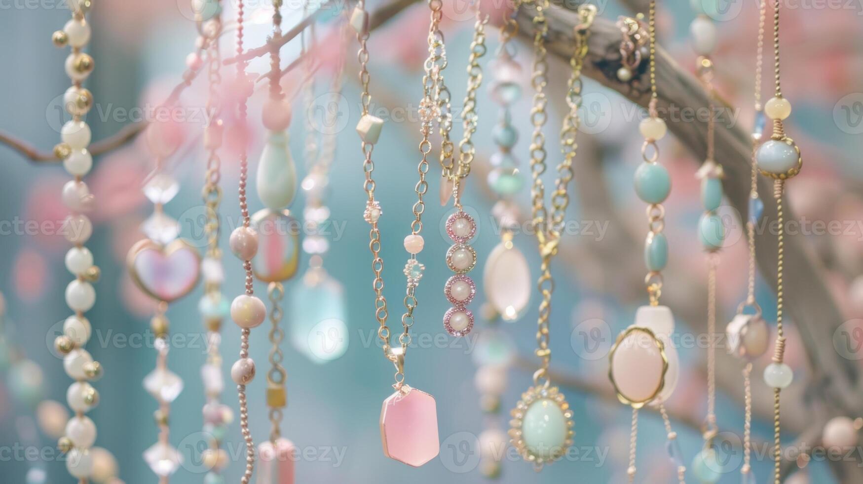 A display of pastelhued statement necklaces hanging from a branch creating an ethereal and whimsical vibe photo