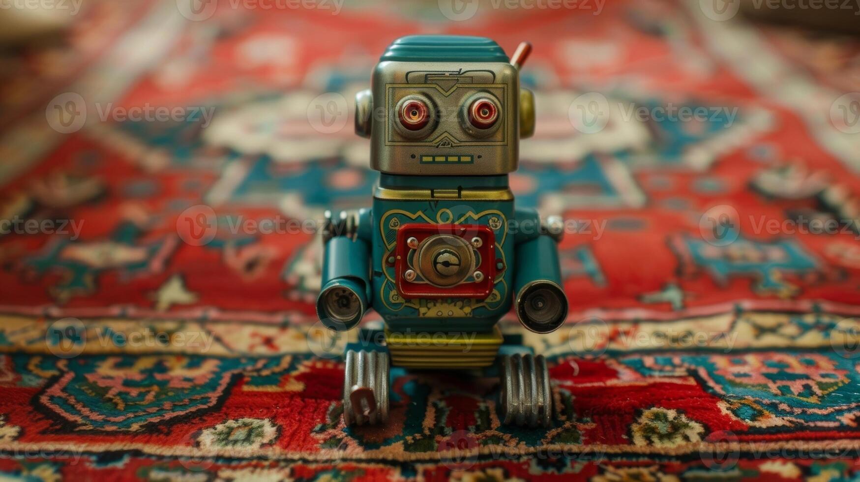 A nostalgic windup robot with its gears and wheels exposed hovers effortlessly above a retro rug a symbol of the endless possibilities of the imagination photo