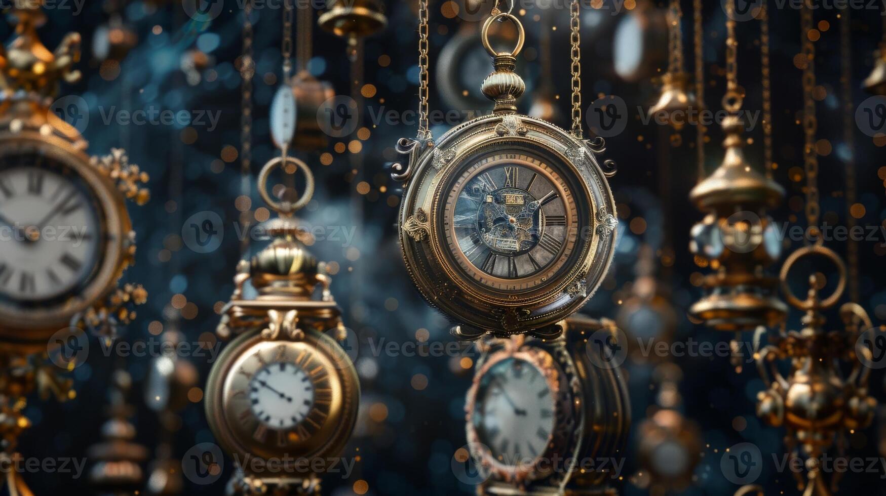 An ethereal display of antique clocks that appear to be levitating in midair. Each clock has a unique design and stands out against a moody starry background photo