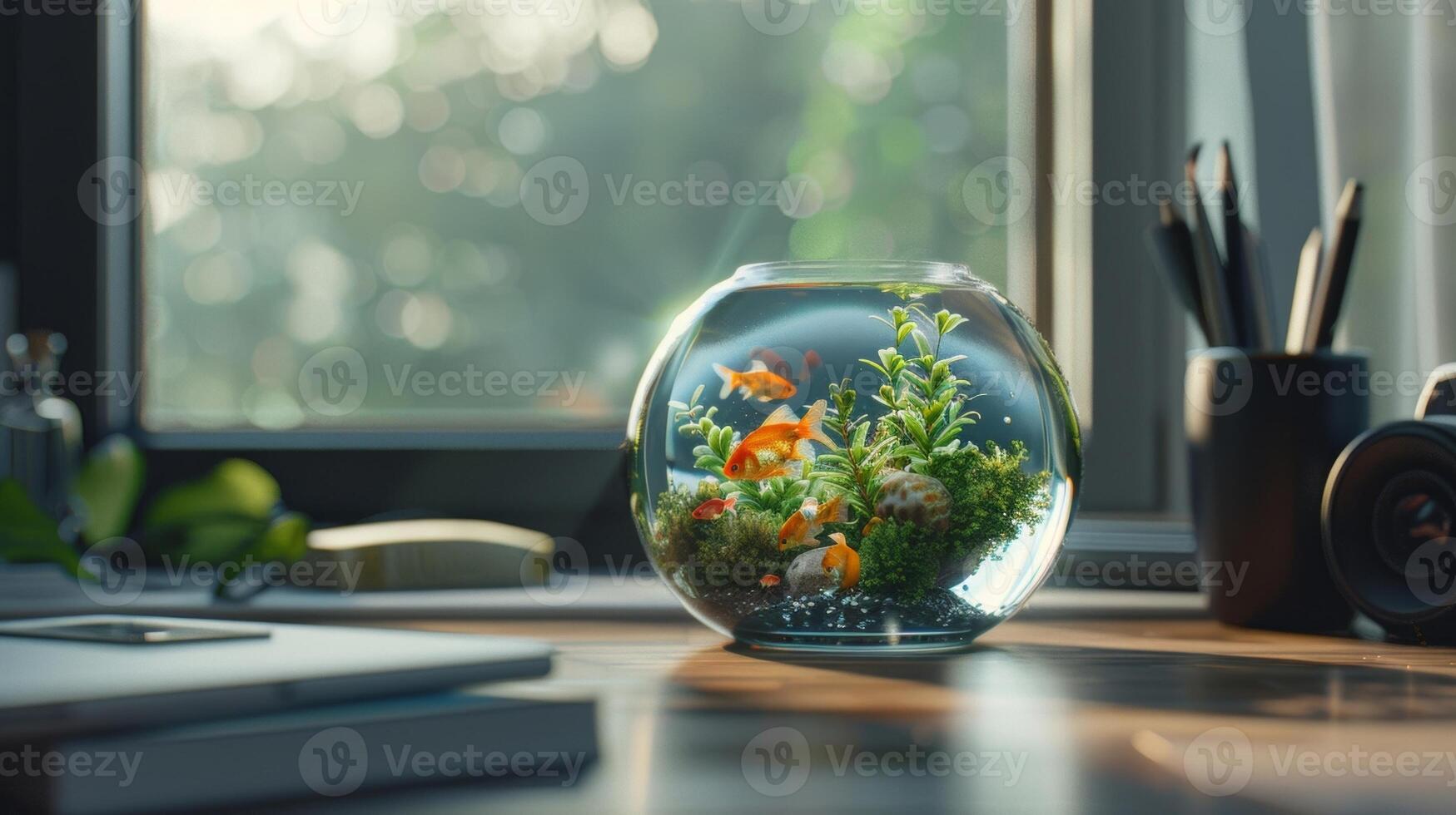 A tranquil study corner displaying a planted fish bowl as a unique desk accessory photo