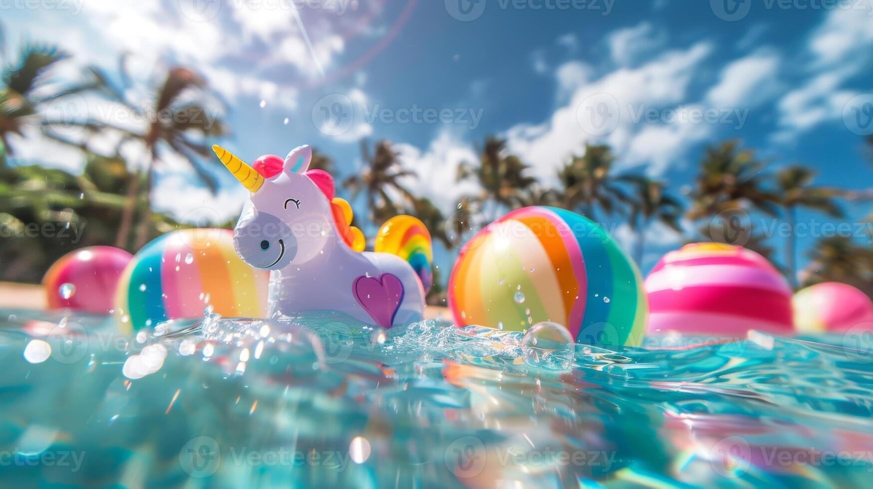 Vibrant inflatable toys from beach balls to unicorns floating playfully in a tropical lagoon photo