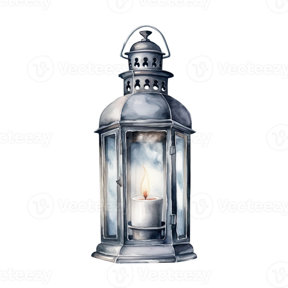 Watercolor retro old lantern with candle png