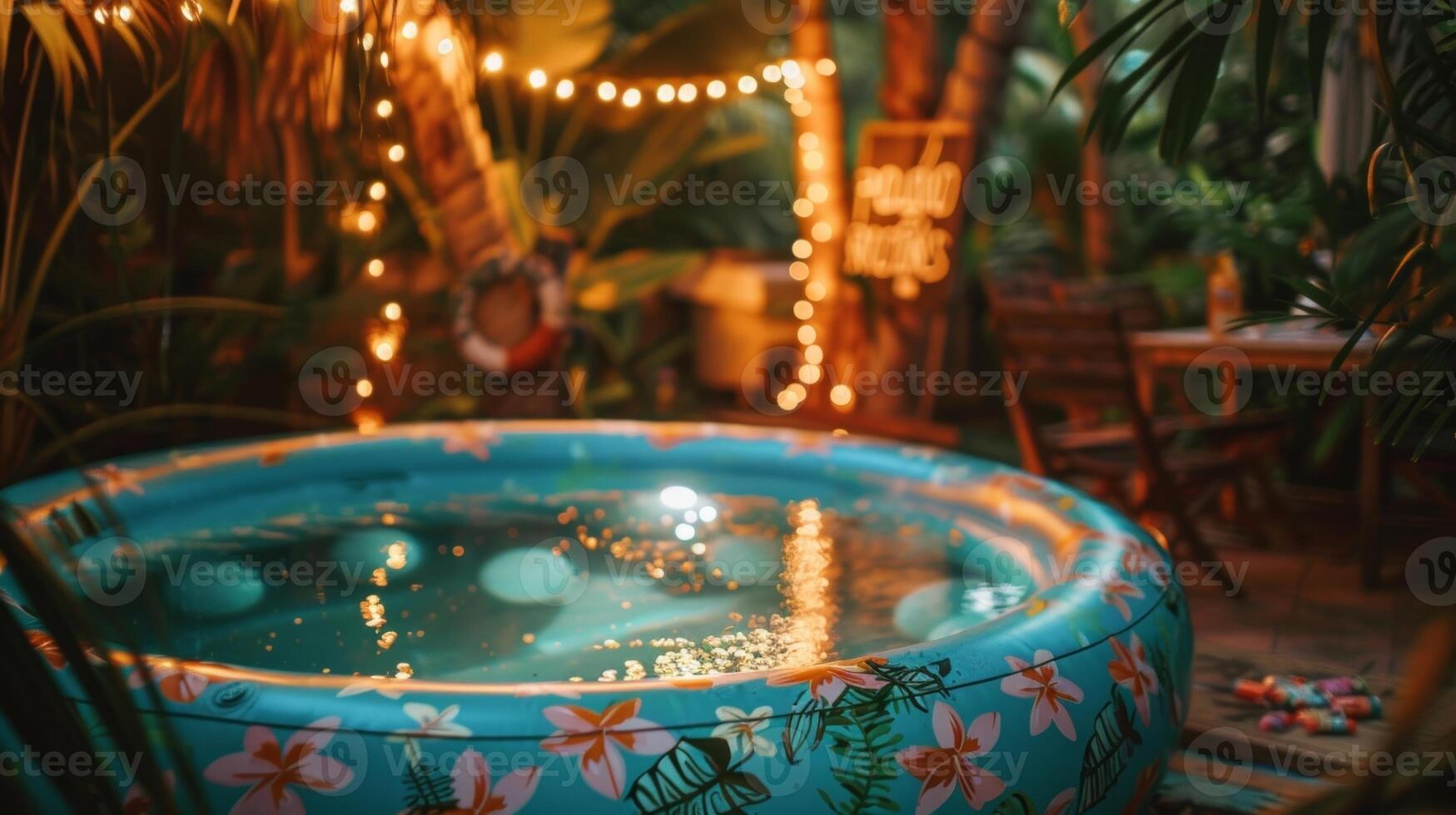 A dreamy and romantic setting with a vintagestyle inflatable pool surrounded by flickering string lights adorned with a delicate floral design and accented with a rustic wooden sig photo