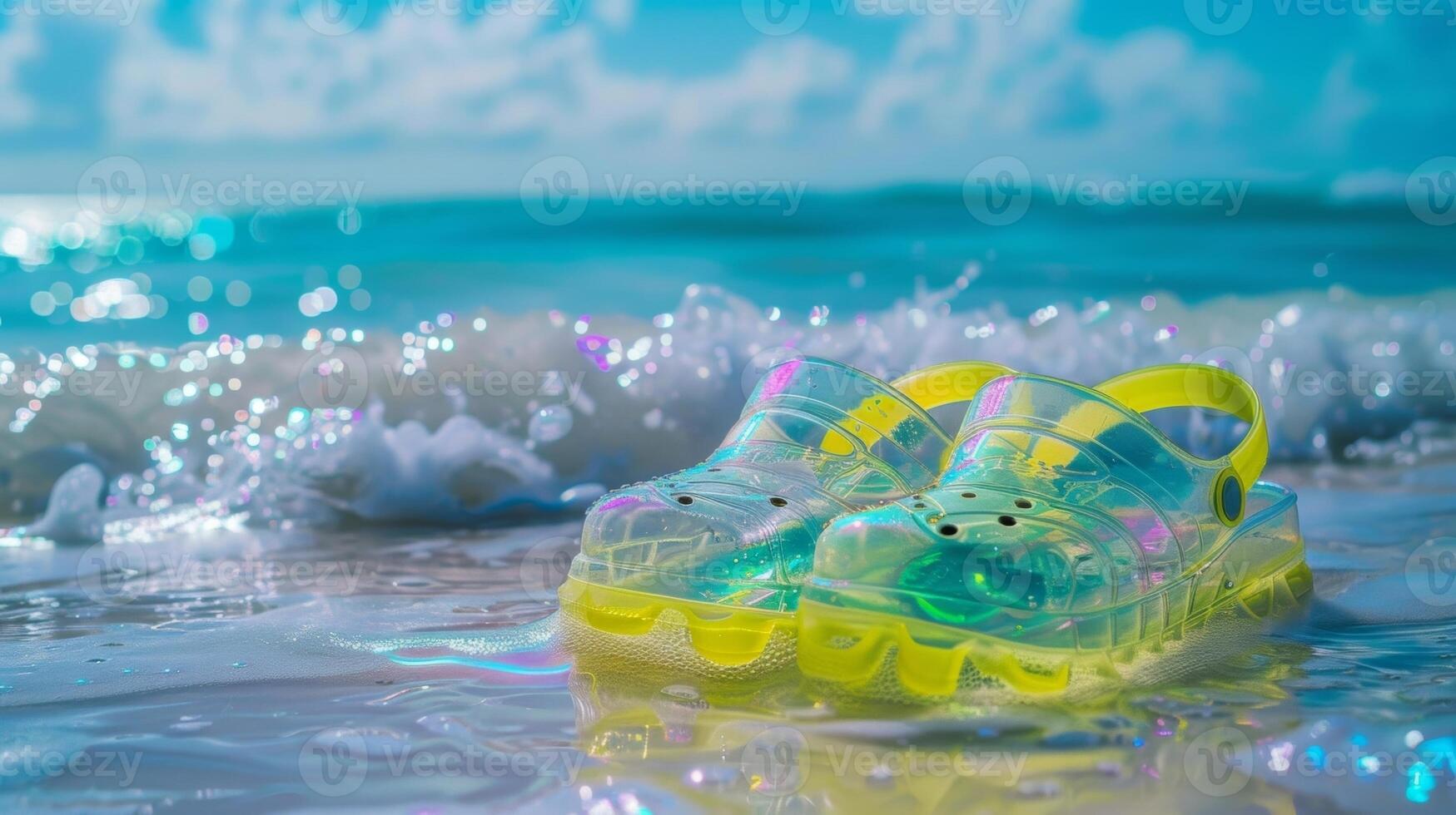 A pair of transparent inflatable jelly shoes with neon accents perfect for a day at the beach or a fun summer outfit photo