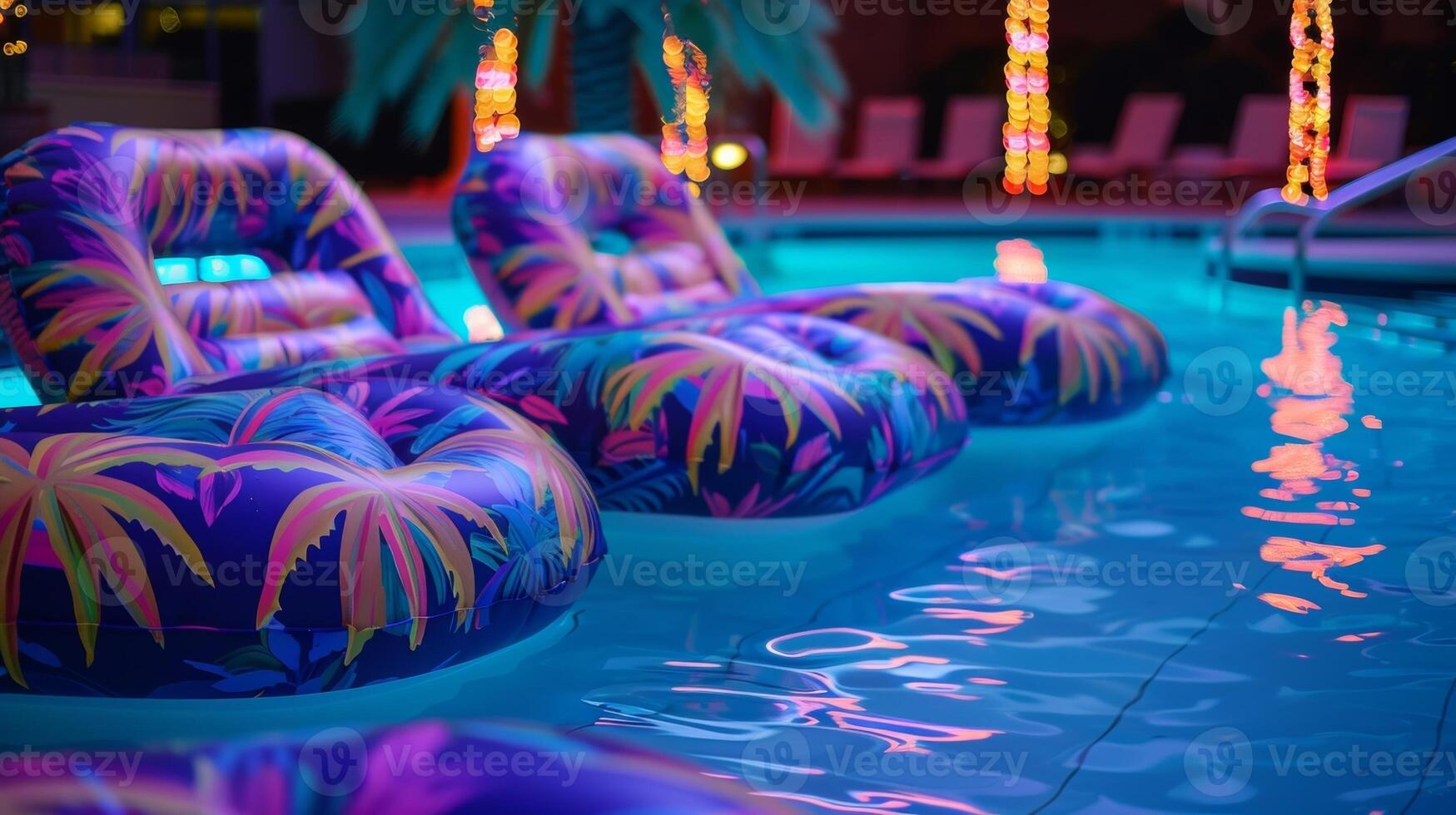 A poolside lounge area filled with inflatable chairs complete with neon lights and palm tree prints for a fun nostalgic twist photo