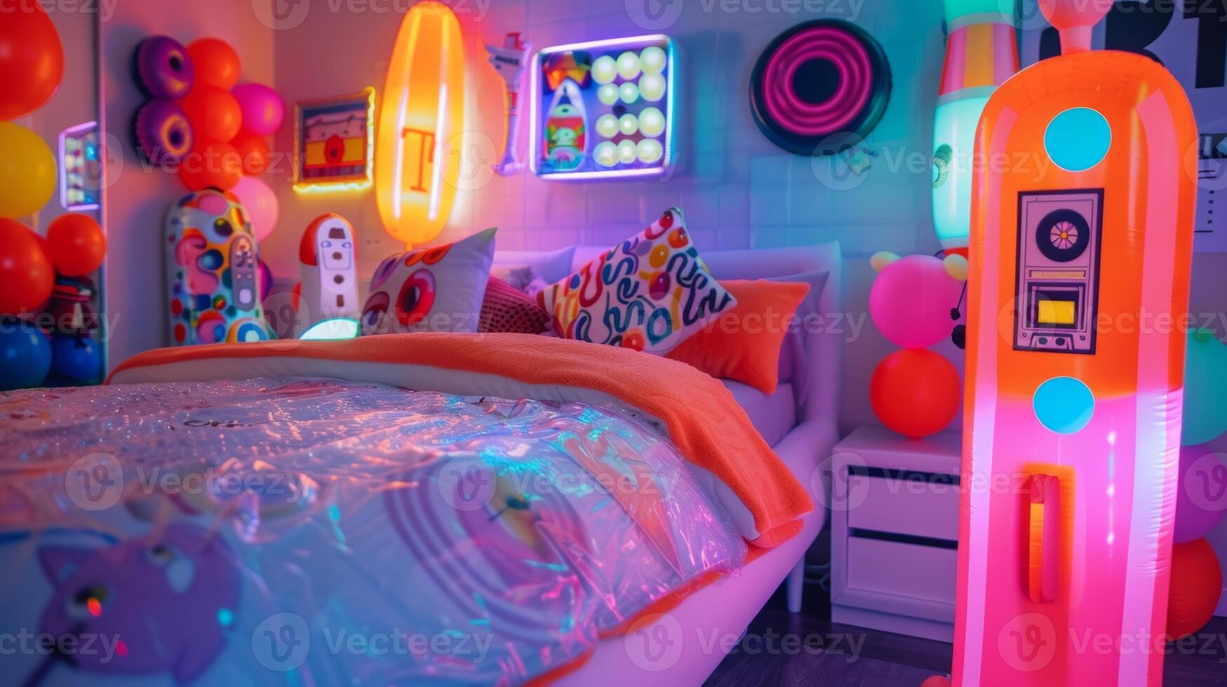 A groovy Y2K bedroom decorated with an assortment of inflatable throwbacks from a blowup lava lamp to an inflatable cassette tape wall art photo