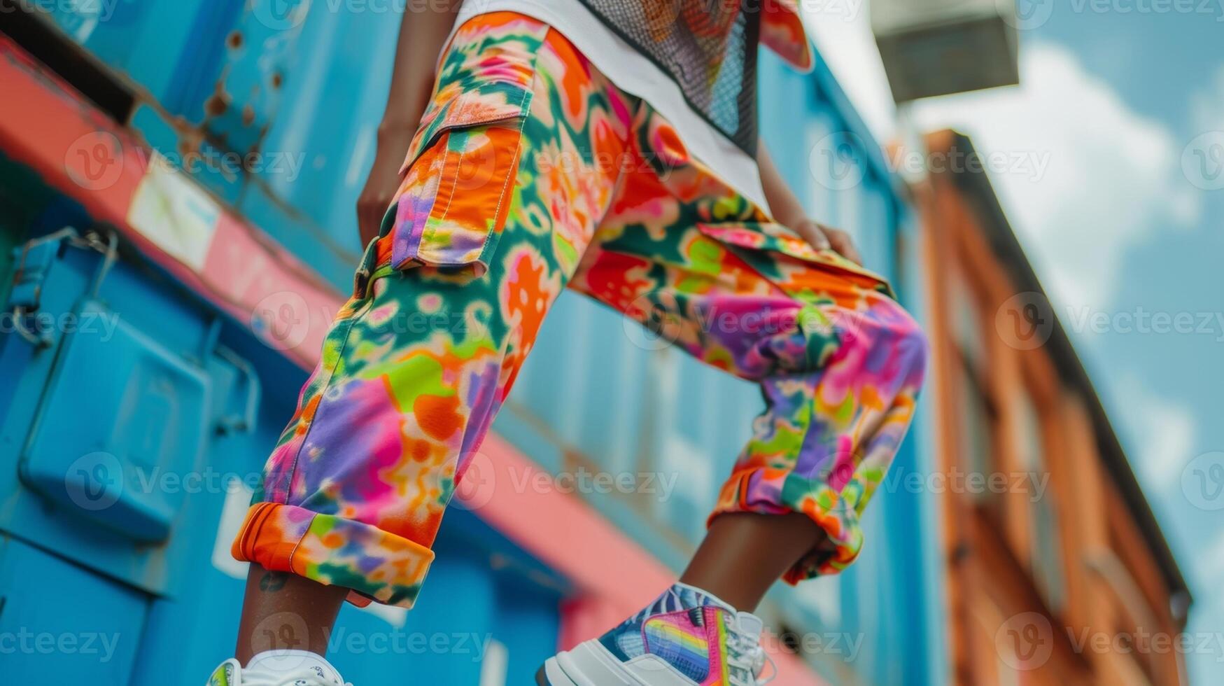 A bold and colorful outfit consisting of a tiedye bucket hat a mesh tank top with a tribal print baggy cargo pants and chunky sneakers reminiscent of the skater trend photo