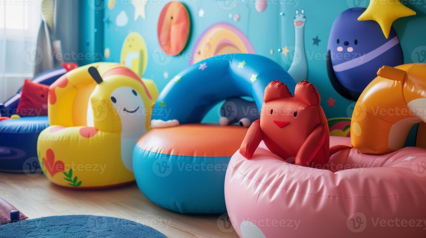 A childrens playroom filled with inflatable furniture in fun shapes like animals and planets creating a playful and imaginative environment photo