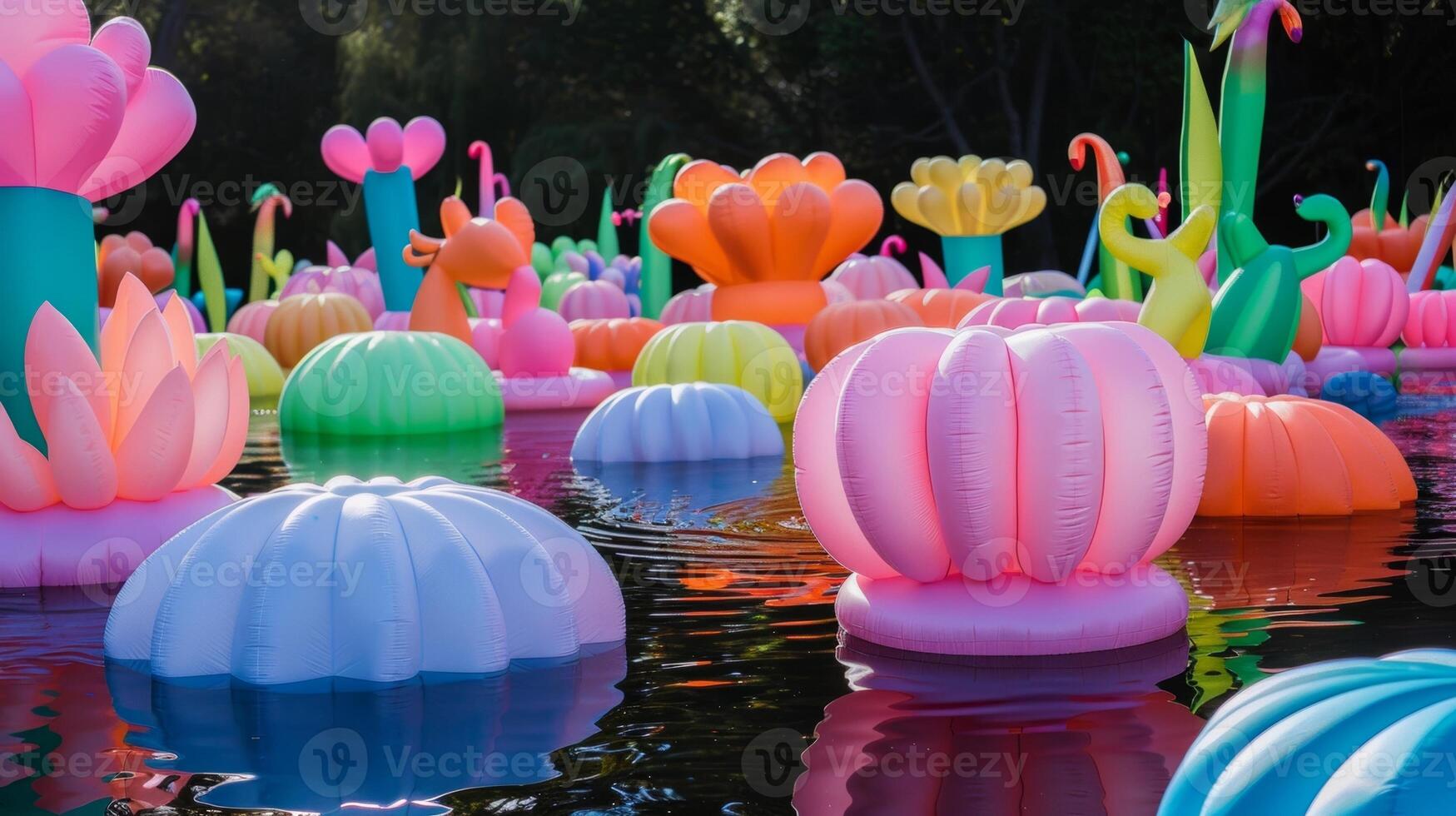 A floating garden of inflatable sculptures in various shapes and sizes creates a peaceful and otherworldly oasis inviting viewers to escape from reality photo
